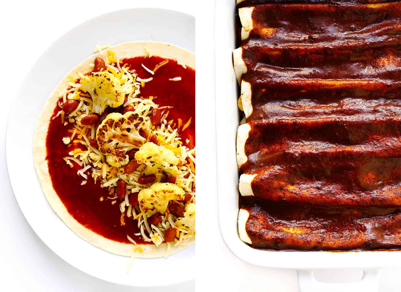 LOVE Roasted Cauliflower Enchiladas recipe! This vegetarian enchiladas recipe is full of caramelized roasted cauliflower, beans, cheese, and made with the best homemade enchilada sauce. Then it's loaded up with avocado, cilantro and all of your favorite toppings. It's the perfect Mexican dinner, and also makes great leftovers for meal prep! | Gimme Some Oven #cauliflower How to make Vegetarian Roasted Cauliflower Enchiladas