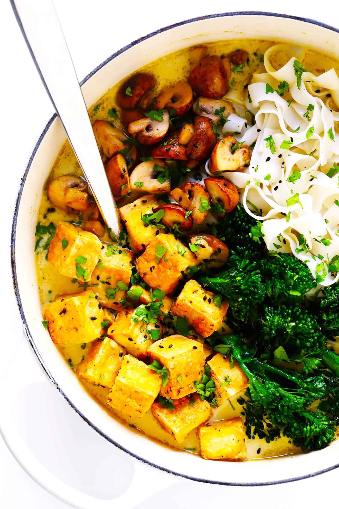 LOVE this Everyday Green Curry recipe! It's made with the most delicious Thai coconut green curry broth, and easy to customize with rice or noodles, plus any kind of veggies or proteins (chicken, shrimp, beef, tofu, etc.). Perfect for quick and easy dinners! | Gimme Some Oven #curry #soup #glutenfree #noodles #rice #thai #dinner #hotpot #instantpot #vegetarian #vegan #chicken Thai Green Curry Recipe with Tofu, Chicken, Beef, Shrimp (or Veggies Only!)