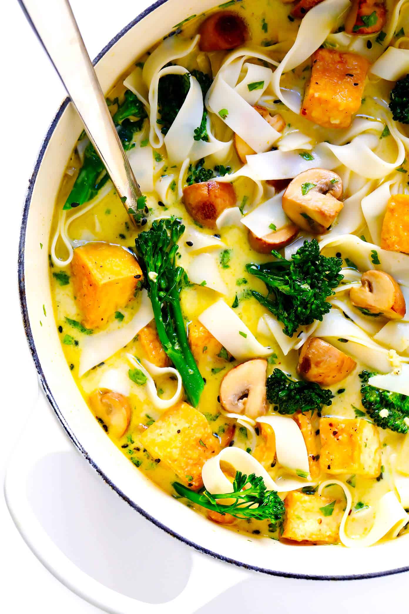 LOVE this Everyday Green Curry recipe! It's made with the most delicious Thai coconut green curry broth, and easy to customize with rice or noodles, plus any kind of veggies or proteins (chicken, shrimp, beef, tofu, etc.). Perfect for quick and easy dinners! | Gimme Some Oven #curry #soup #glutenfree #noodles #rice #thai #dinner #hotpot #instantpot #vegetarian #vegan #chicken Thai Green Curry Recipe | Easy to make vegetarian or vegan, or add in chicken, beef or shrimp