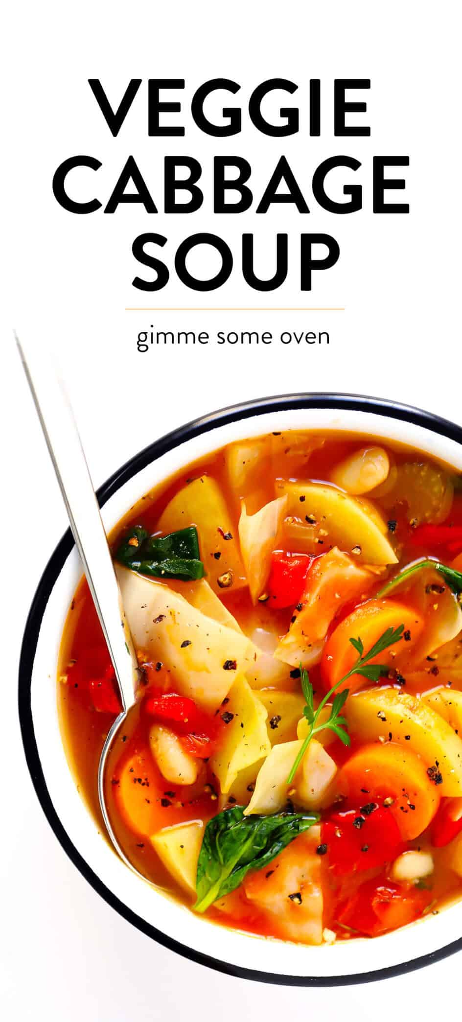 This Spicy Vegetarian Cabbage Soup recipe is made from a mountain of vegetables, simmered in a spicy broth, and tastes like total comfort food. It's also naturally gluten-free and vegan. It's easy to make on the stovetop, or in the Instant Pot (pressure cooker) or Crockpot (slow cooker). It's easy to make ahead for meal prep, or freeze as a freezer meal. And it's SO DELICIOUS. | Gimme Some Oven #cabbage #soup #healthy #dinner #vegan #vegetarian #vegetable #recipe #instantpot #crockpot Vegetarian Cabbage Soup Recipe | Gimme Some Oven