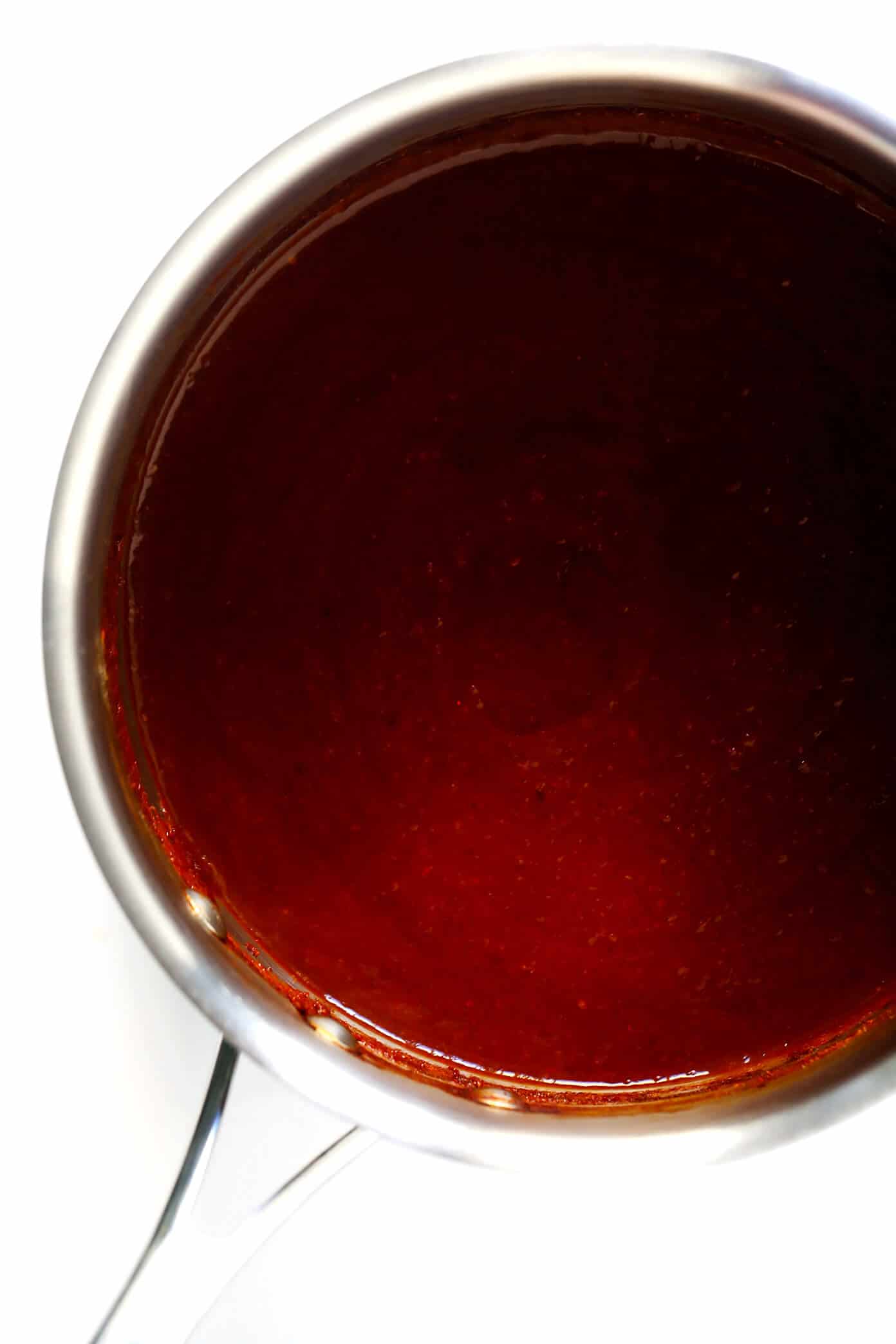 This 20-Minute Mole Sauce celebrates all of the delicious, savory and slightly sweet flavors of traditional Mexican mole. But thanks to a few simple shortcuts, it's made in just a fraction of the time. Perfect for making enchiladas, tacos, nachos, chicken, veggies, roasted poblano peppers...or a thousand other possibilities. Tips included too for how to make this recipe gluten-free. | Gimme Some Oven #mexican #mole #sauce #vegan #vegetarian #dinner #glutenfree #healthy 20-Minute Mole Sauce Ingredients in Saucepan