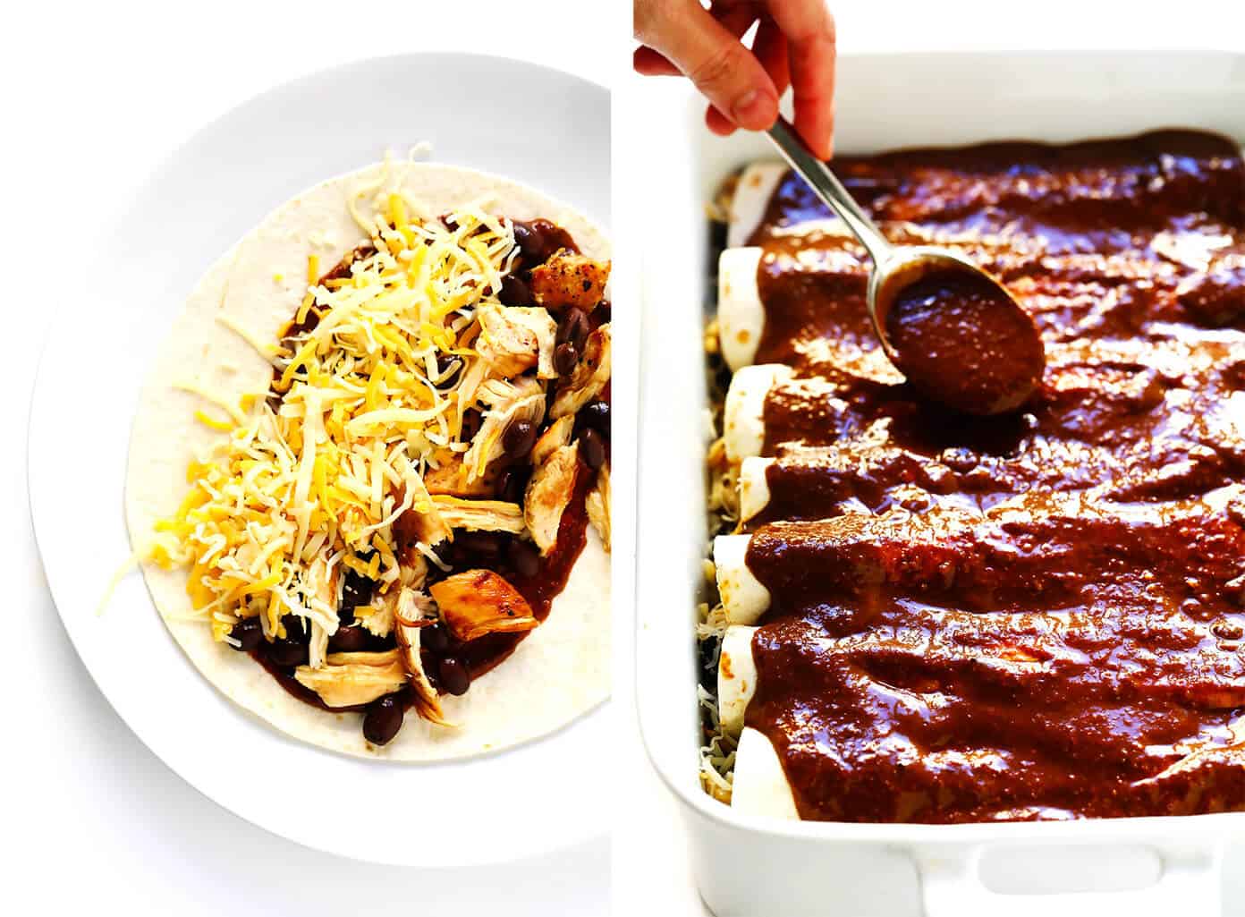 LOVE these mole enchiladas! They are made with the most delicious 20-minute homemade mole sauce, loaded up with your choice of fillings (chicken, carnitas, roasted veggies, beans, cheese, etc.), and garnished with lots of fresh toppings (avocado, cilantro, etc.). A delicious Mexican dinner that's sure to be a hit! | Gimme Some Oven #mole #enchiladas #mexican #dinner #vegetarian #glutenfree #chicken #avocado #mealprep #freezermeals How To Make Mole Enchiladas