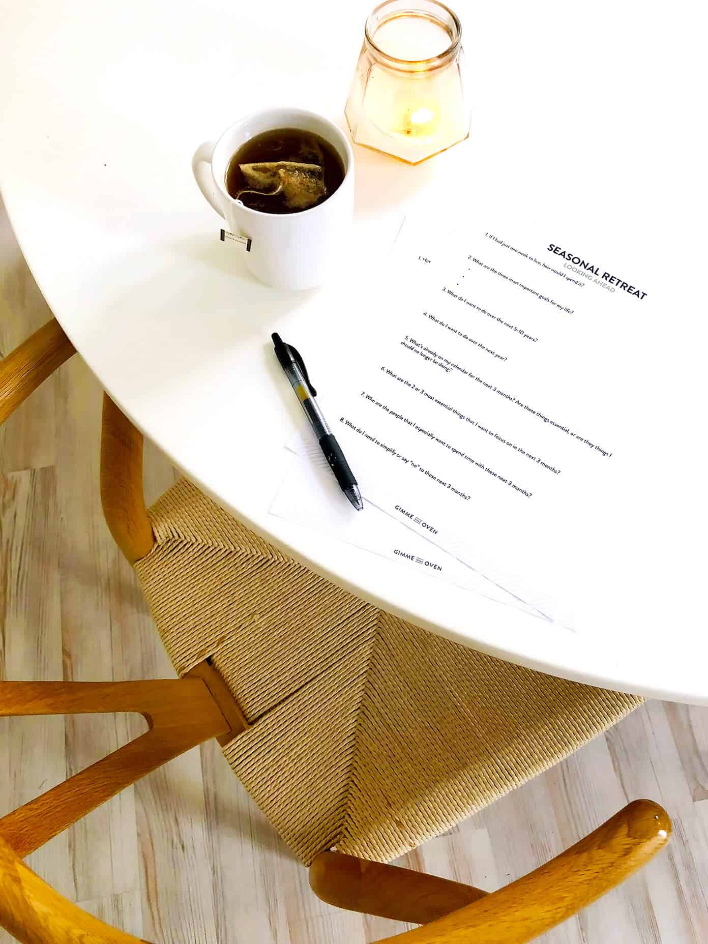 Tips for how to have a Personal Seasonal Mini-Retreat, inspired by the book Essentialism. All you need are a few hours to yourself, and this (free!) printable list of questions for journaling. It's a simple self-care practice to return to quarterly (once per season) that has become one of my favorites. | Gimme Some Oven #selfcare #retreat #wellness #journaling #free #printable #essentialism Personal Seasonal Mini-Retreat | Printable questionnaire available as a free download