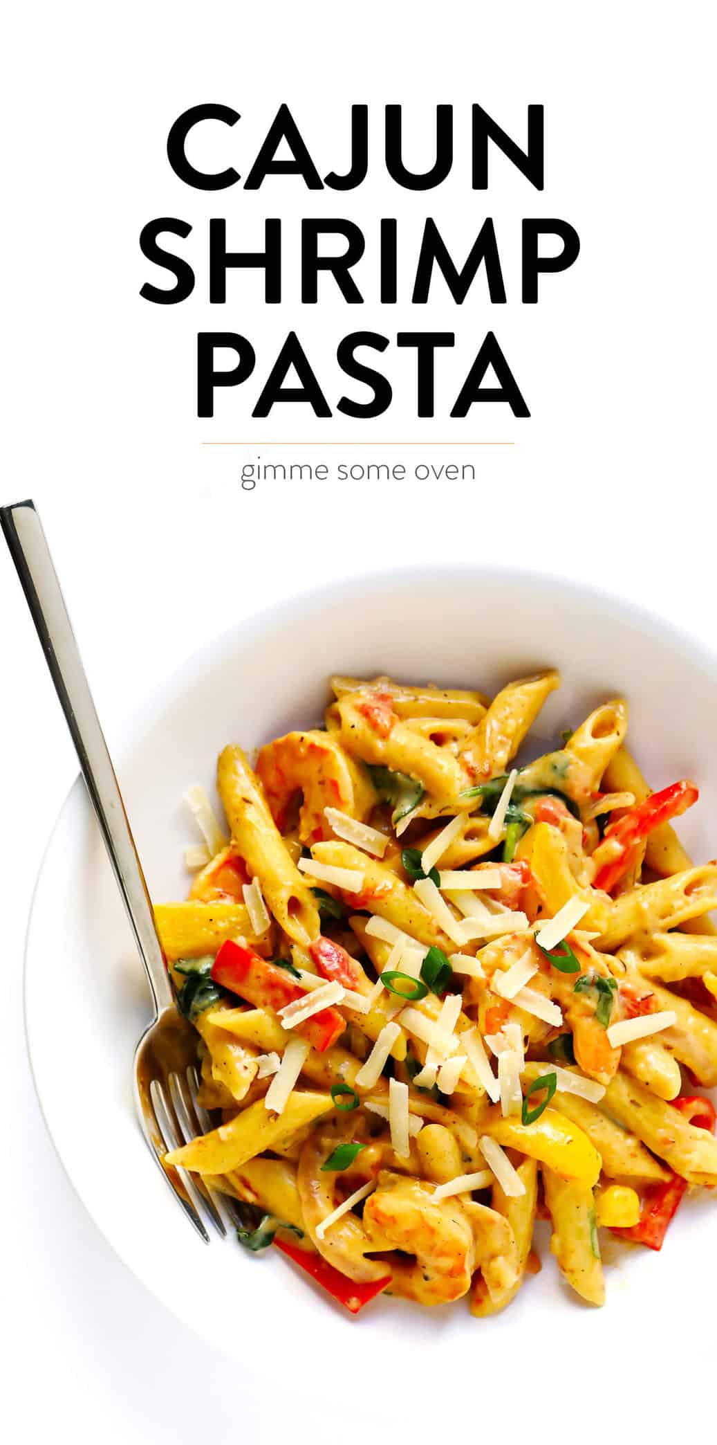 This Cajun Shrimp Pasta recipe is made with the most delicious creamy alfredo sauce, colorful veggies, and zesty shrimp (or chicken, sausage, or your preferred protein). It's comfort food with a kick! | gimmesomeoven.com #pasta #cajun #shrimp #dinner #recipe #alfredo #sauce Creamy Cajun Shrimp Pasta