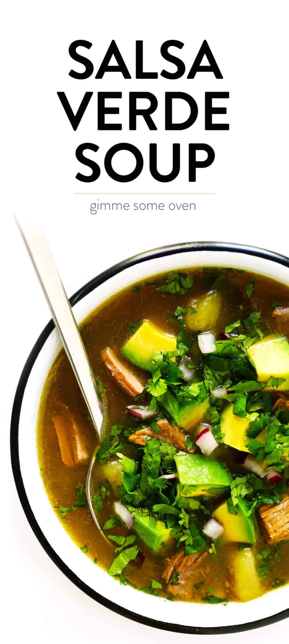 LOVE this Salsa Verde Steak Soup recipe!! It's easy to make in the Instant Pot, Crock-Pot or on the stovetop. It's full of tender beef, potatoes, poblano, and loaded up with lots of favorite toppings. And it is so cozy and delicious. | Gimme Some Oven #soup #mexican #beef #avocado #glutenfree #stew #instantpot #pressurecooker #slowcooker #crockpot #dinner Salsa Verde Soup with Steak and Potatoes