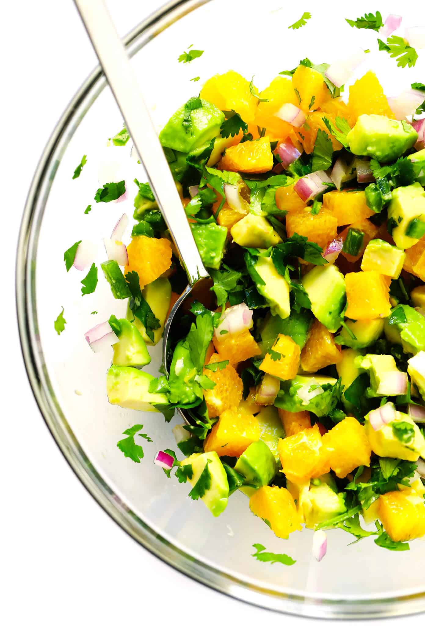 These Super-Simple Salmon Tacos are topped with a juicy fresh orange avocado salsa, seasoned with a zesty chili rub, and can be on the table in just 30 minutes. A delicious, quick, easy and healthy dinner recipe that everyone will love! | gimmesomeoven.com #salmon #tacos #mexican #fish #glutenfree #salsa #dinner #healthy Fresh Orange Avocado Salsa