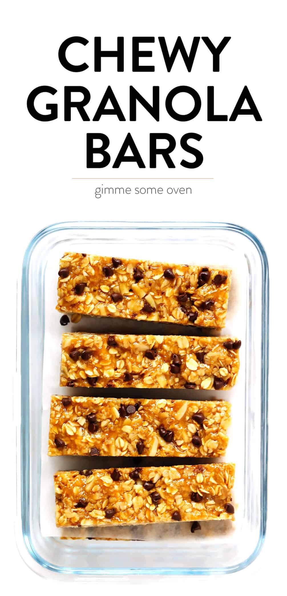 LOVE these Chewy Peanut Butter Granola Bars! This recipe is easy to make with 7 main ingredients (plus chocolate chips, if you'd like), it's full of protein and naturally #glutenfree, and totally delicious. An awesome healthy breakfast or snack! | gimmesomeoven.com #granola #bars #protein #healthy #glutenfree #peanutbutter #chocolate #breakfast #snack Chewy Granola Bars with Peanut Butter and Chocolate Chips