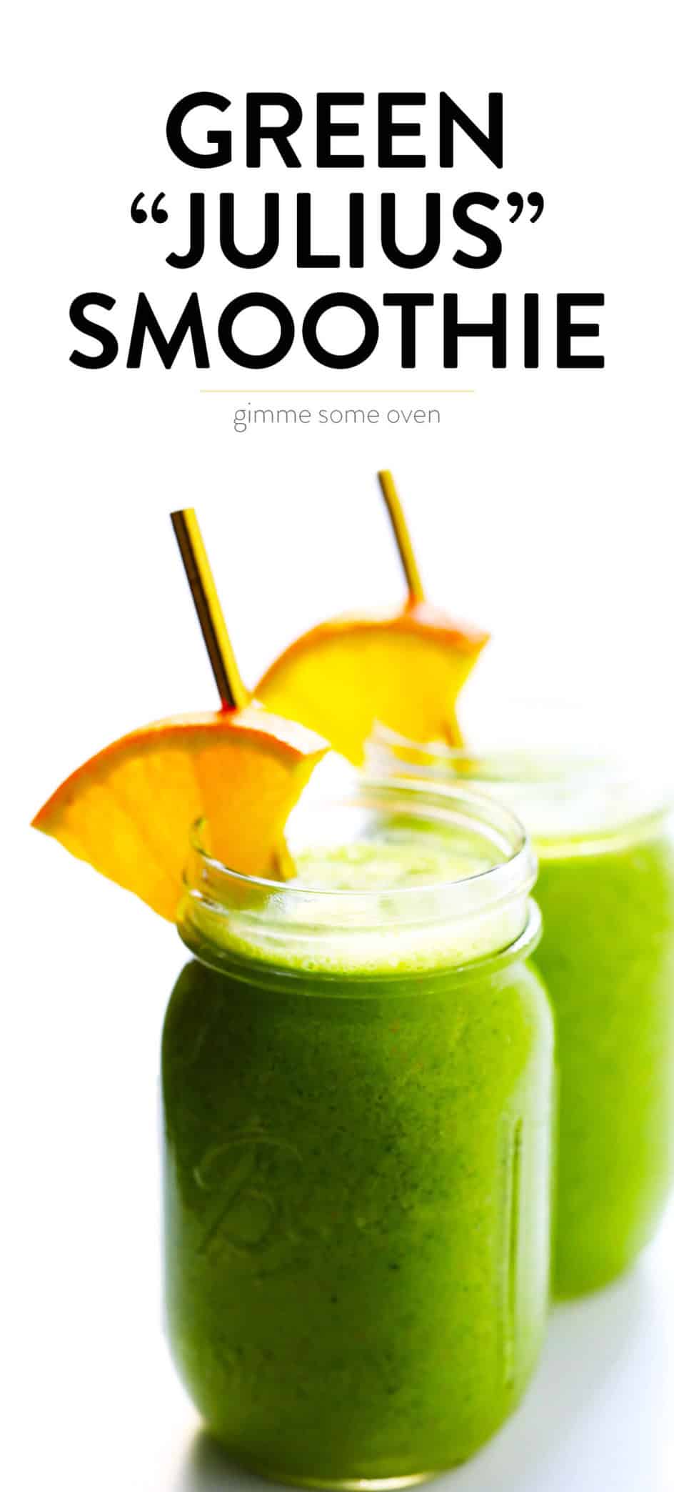 This Green "Julius" Smoothie is inspired by the classic creamy orange smoothie we love, but made with fresh and healthy ingredients and a big handful of spinach. | gimmesomeoven.com #green #smoothie #orange #healthy #glutenfree #healthy #breakfast Healthy Green Julius Smoothie