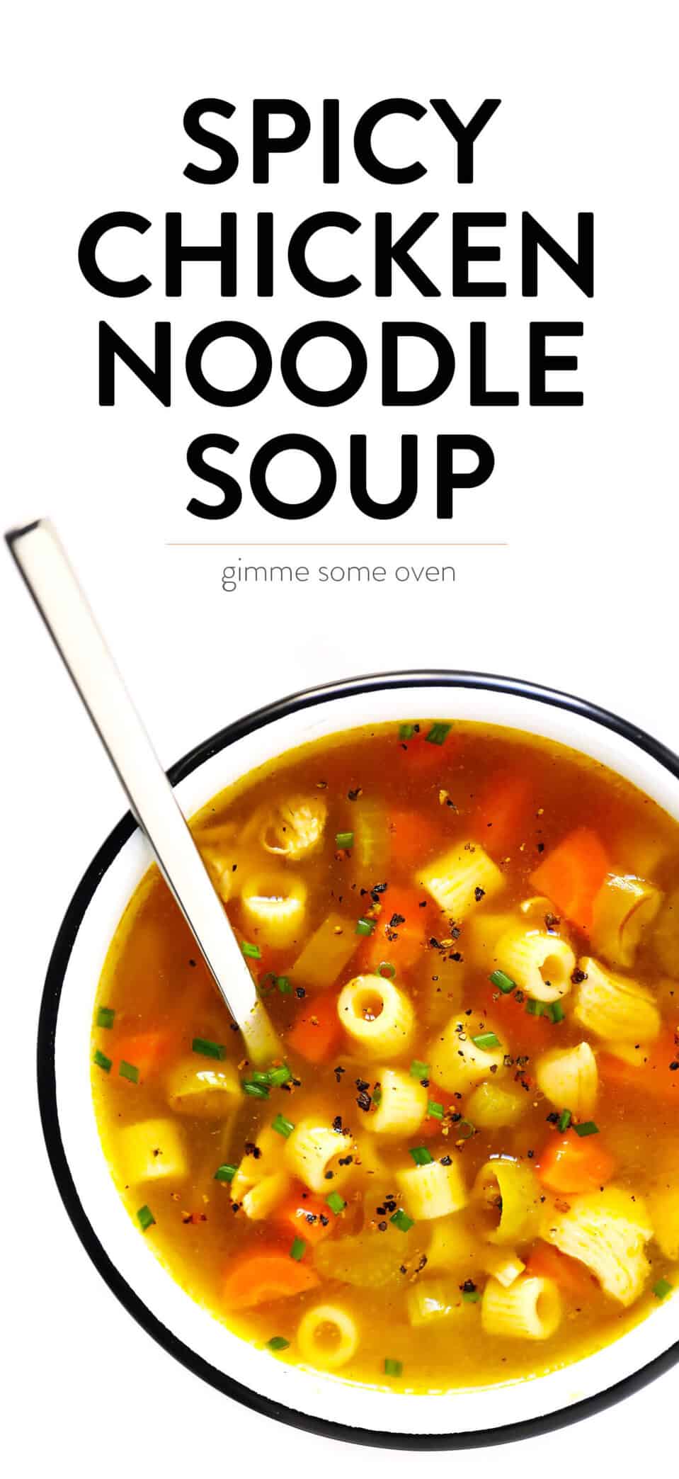 LOVE this Spicy Pepperoncini Chicken Noodle Soup recipe! It's quick and easy to make, and the pepperoncini peppers add the perfect extra bit of heat and tang. Total comfort food! | gimmesomeoven.com #soup #chicken #chickennoodlesoup #pepperoncini #italian #spicy #comfortfood #dinner #recipe Spicy Pepperoncini Chicken Noodle Soup Recipe