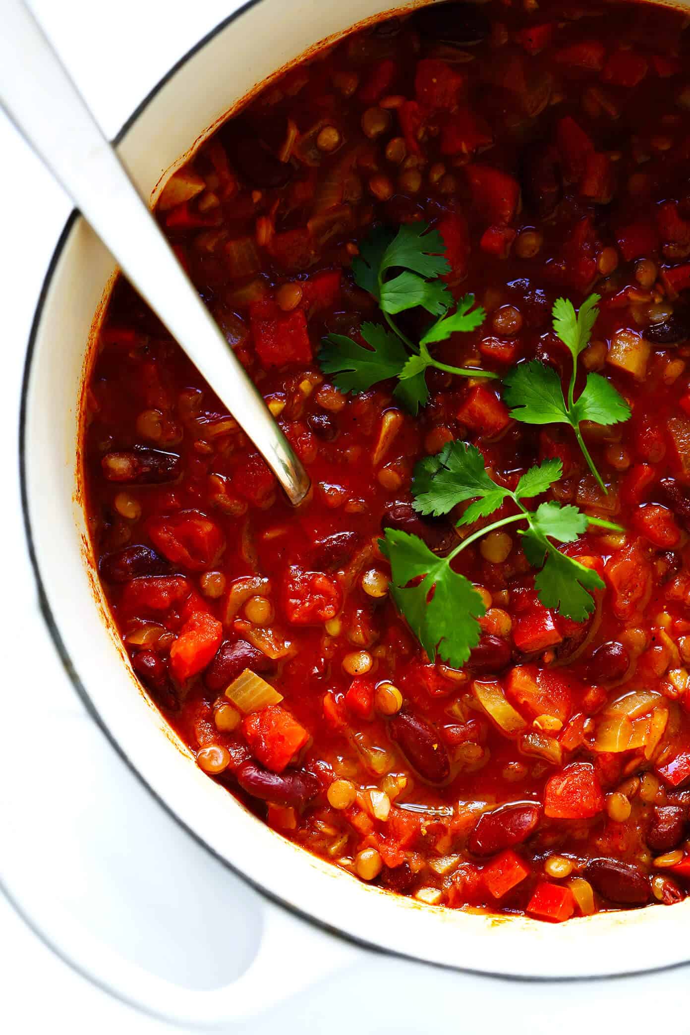 LOVE this vegetarian chili recipe! It's easy to make in the #InstantPot, #CrockPot or on the stovetop. It's full of healthy veggies and lots of protein. And it is always a crowd fave. | gimmesomeoven.com #chili #soup #mexican #healthy #recipe #dinner #glutenfree #vegan #vegetarian #meatless The Best Vegetarian Chili Recipe