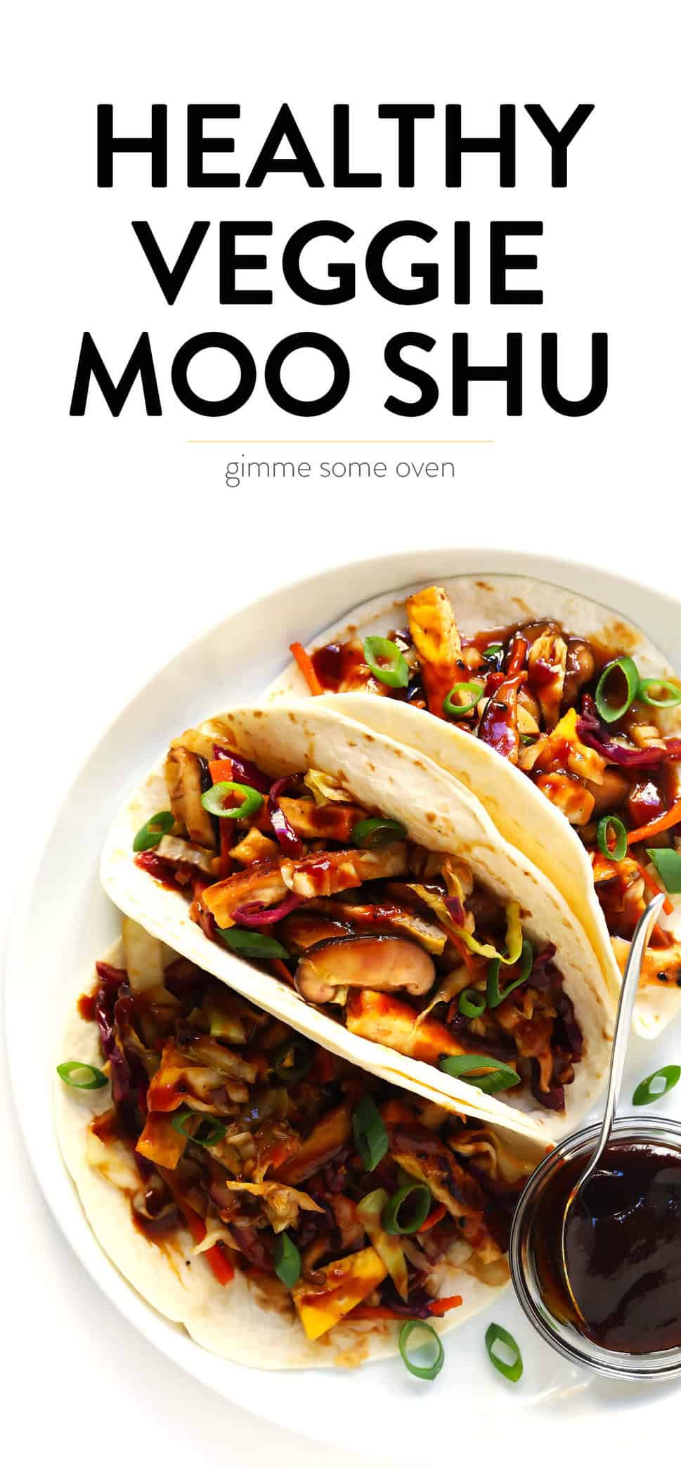 LOVE this Vegetarian Moo Shu recipe! It's made with a healthy veggie stir-fry, crispy tofu, eggs, and the most delicious hoisin sesame sauce. Feel free to serve wrapped in tortillas to make "tacos", or over rice, quinoa or salad greens. One of my favorite #vegetarian #dinner recipes! | gimmesomeoven.com #mooshu #chinese #stirfry #tacos #takeout #vegetarian #healthy #sauce Healthy Vegetarian Moo Shu