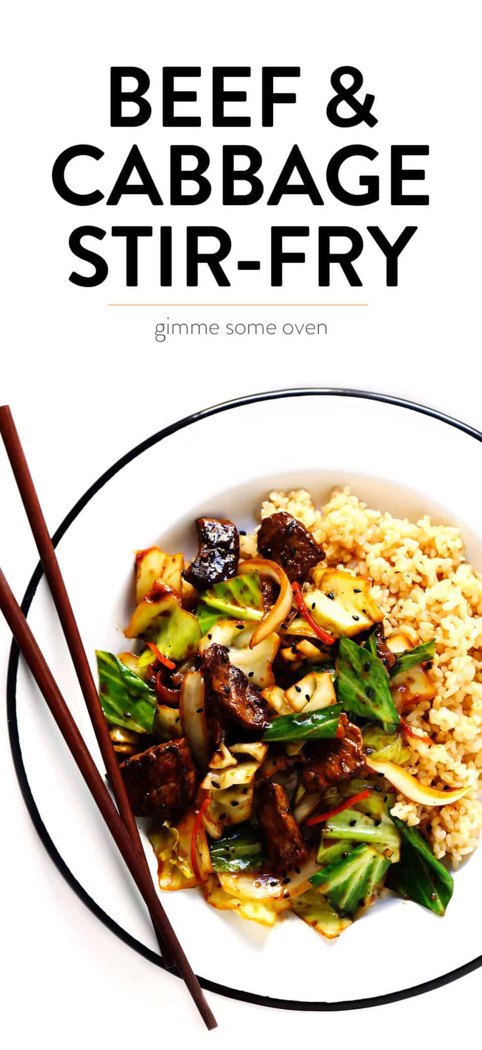 This Sesame Beef and Cabbage Stir-Fry recipe is loaded up with lots of tender steak and veggies, tossed in a yummy sesame ginger sauce, and perfect for easy weeknight dinners or healthy meal prep! Serve over rice, noodles, quinoa -- you name it. | gimmesomeoven.com #beef #stirfry #mealprep #dinner #healthy #chinese #rice Sesame Beef and Cabbage Stir Fry with Brown Rice