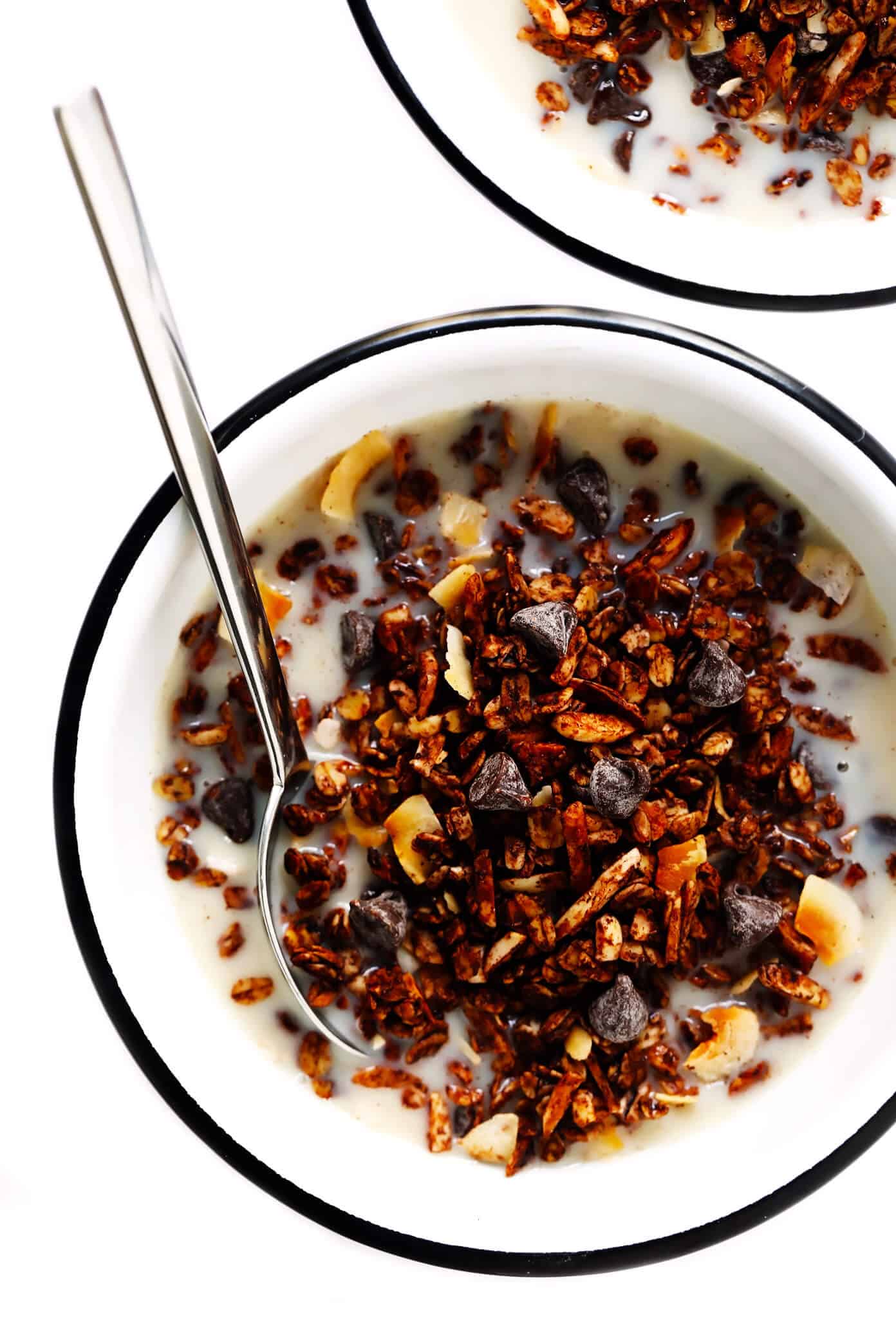 This Healthy Chocolate Granola recipe is super-easy to make, naturally sweetened with honey or maple syrup, and soooo chocolatey and delicious. | gimmesomeoven.com #chocolate #granola #healthy #breakfast #snack #dessert #recipe #glutenfree #vegan Healthy Chocolate Granola