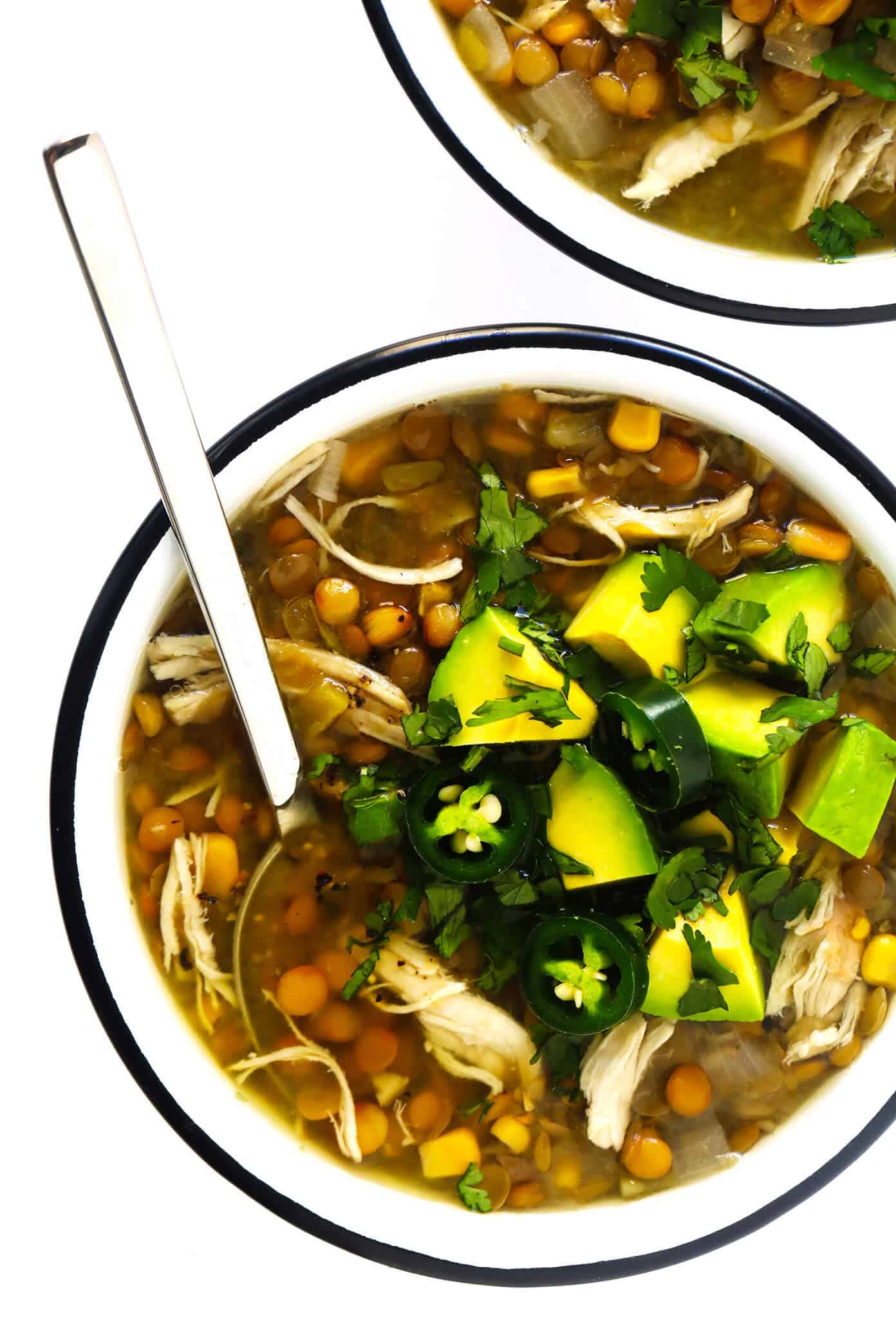 This Mexican Chicken Lentil Soup recipe is made with the most delicious zesty flavors, it's a great meal prep or freezer meal, and it's easy to make in either the Instant Pot, Crock-Pot or on the stovetop. | gimmesomeoven.com #chicken #lentil #soup #mexican #chili #glutenfree #mealprep #freezermeals #dinner #healthy Mexican Chicken Lentil Soup with Avocado