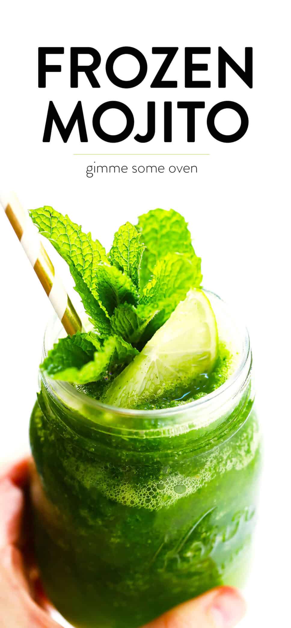 LOVE this frozen mojito recipe! (Frojitos!!) This summer cocktail recipe is easy to make in just 5 minutes with fresh mint, lime juice, rum, honey simple syrup and ice. Instructions included for how to make a single batch, or a pitcher for a crowd! | gimmesomeoven.com #mojito #cocktail #frozen #slushie #mint #drinks #lime Frozen Mojito