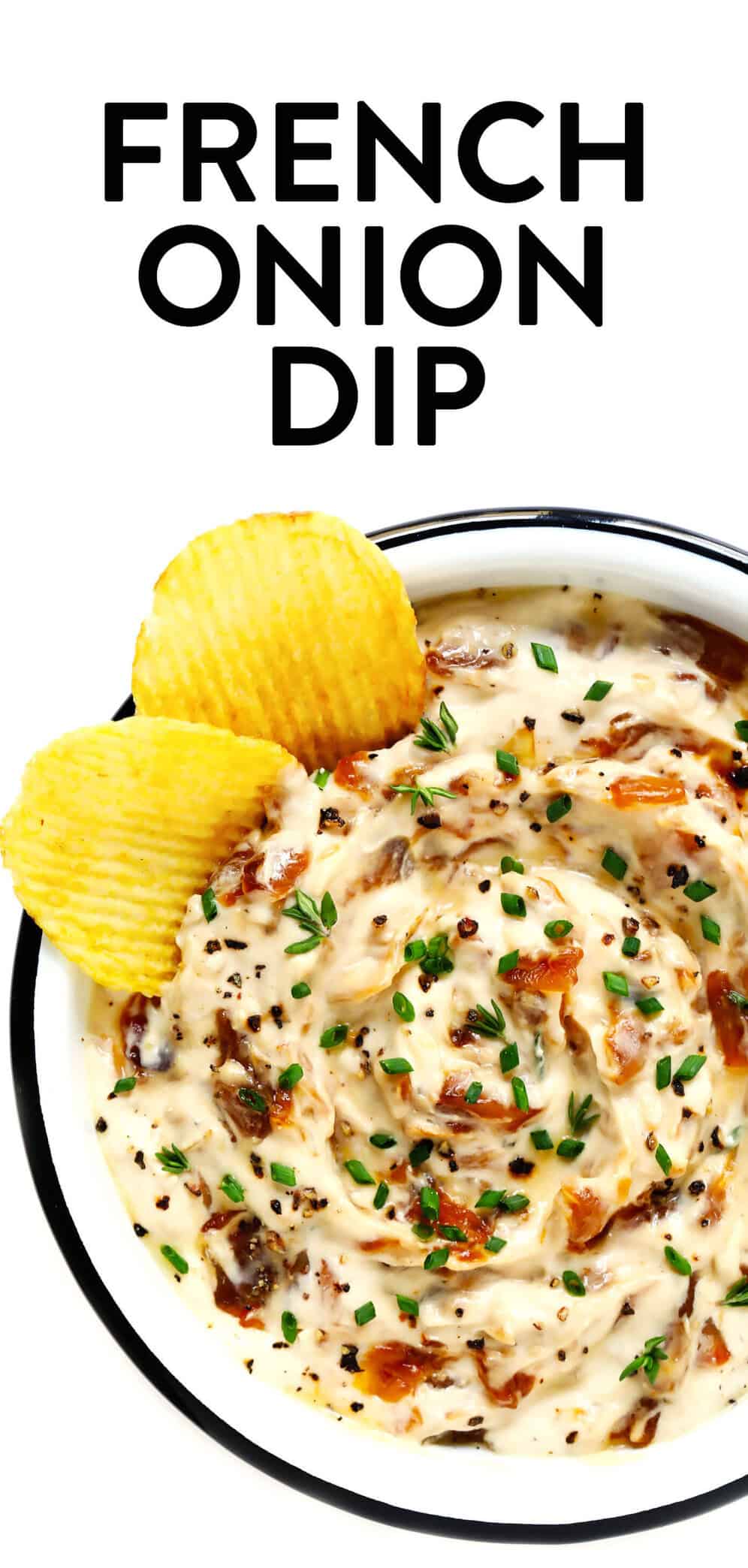 The BEST French onion dip recipe! It's creamy, savory, and a touch sweet (thanks to those delicious caramelized onions)...and downright irresistible. Serve it as a party appetizer, or use it as a spread for burgers, pizza and more! | gimmesomeoven.com #dip #appetizer #frenchonion #vegetarian #glutenfree #entertaining French Onion Dip