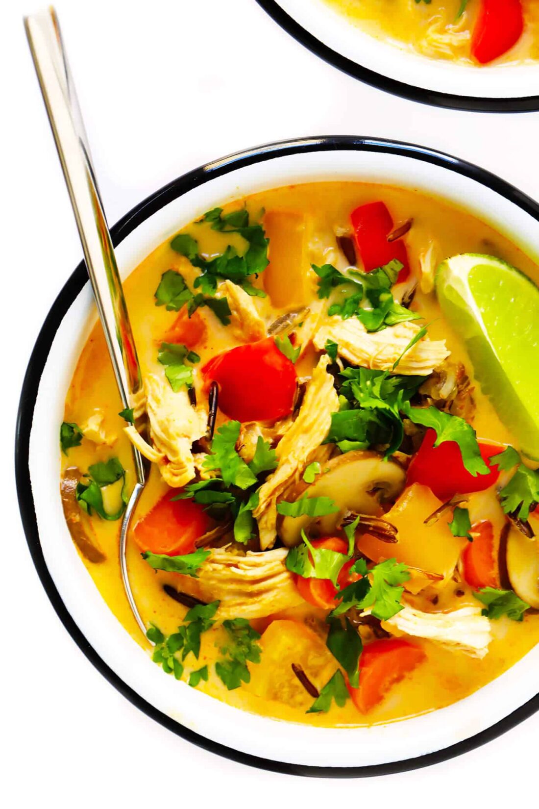 This Thai Chicken Wild Rice recipe is made with lots of veggies and the yummiest coconut ginger Thai curry broth. Plus it's ultra-easy to make in the Instant Pot, Crock-Pot or on the stovetop! | gimmesomeoven.com #chicken #soup #thai #curry #healthy #glutenfree #dinner #mealprep #pressurecooker #slowcooker Thai Red Curry Chicken Wild Rice Soup