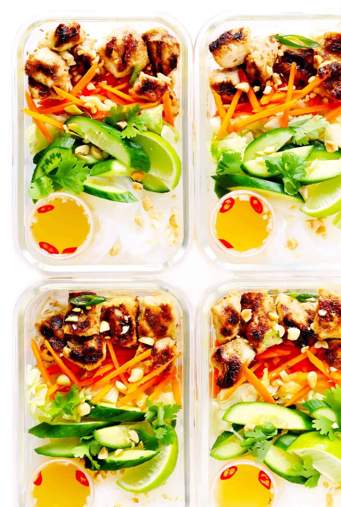 This Vietnamese Noodle Bowls recipe is easy to make with chicken (or beef, pork, shrimp, tofu or meatballs), rice noodles, loads of fresh veggies, herbs, and nuoc cham (that Vietnamese dipping sauce that tastes good on everything!). Perfect for healthy dinners or meal prep! | gimmesomeoven.com #vietnamese #noodles #chicken #mealprep #healthy #asian #salad Vietnamese Chicken Noodle Bowls Meal Prep Containers