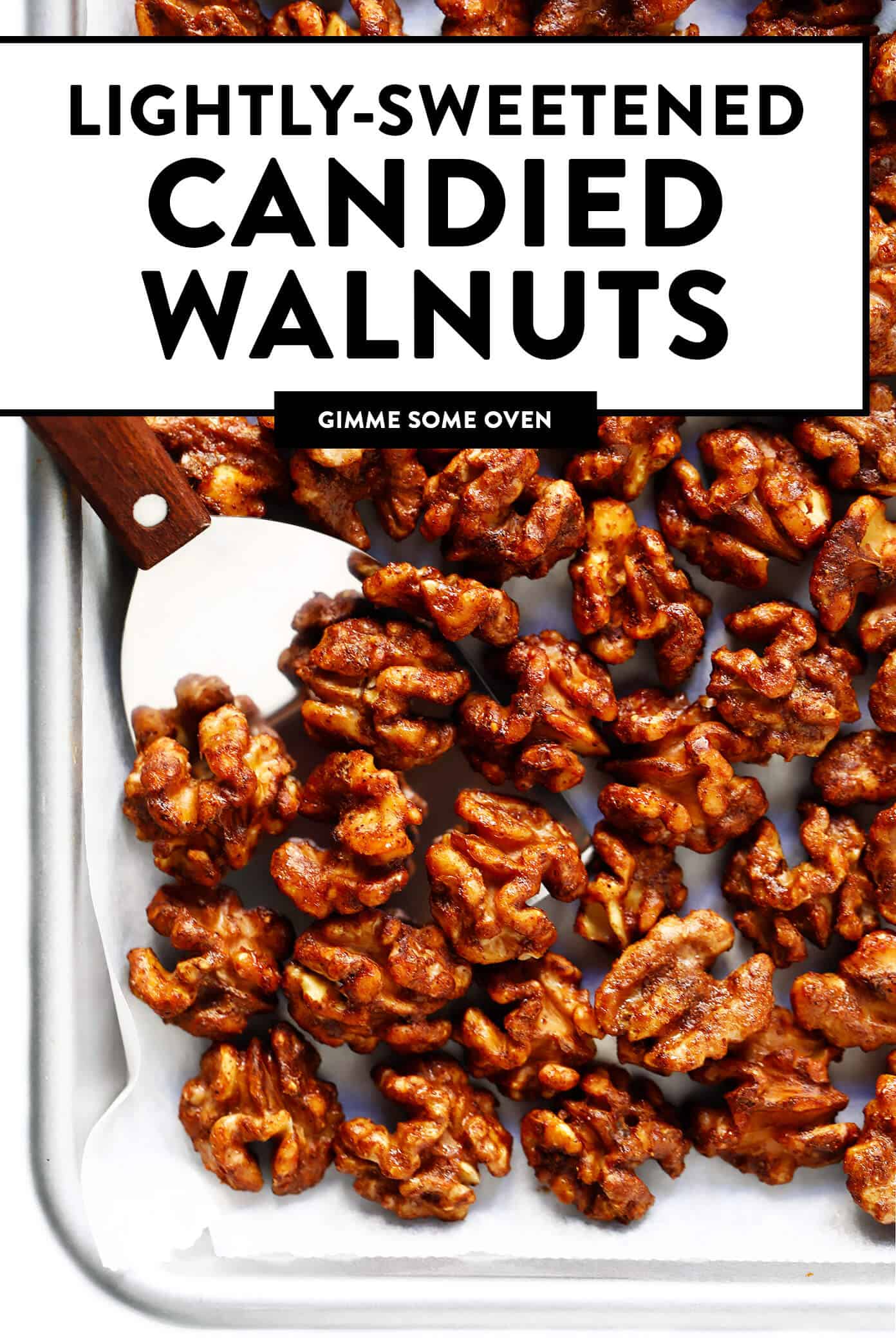 The BEST candied walnuts recipe -- lightly sweetened with a brown sugar cinnamon coating, easy to make in the oven, and irresistibly delicious. These candied nuts are perfect for adding to salads, sweet potatoes, trail mix, or popping plain as a snack! | gimmesomeoven.com #candied #walnuts #nuts #dessert #holiday #gift #diy Candied Walnuts