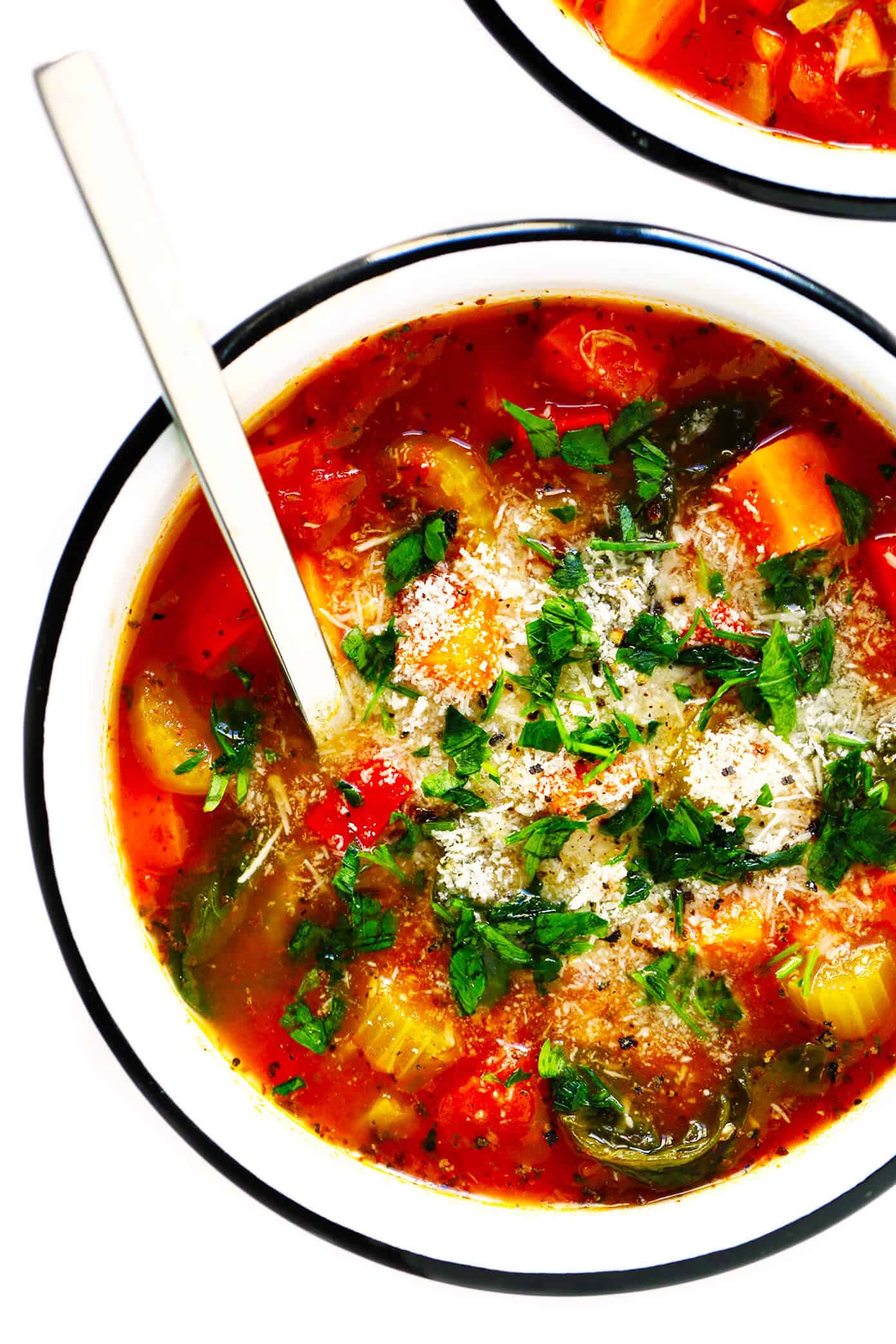 This delicious vegetable soup recipe is made with an Italian tomato-herb broth and your choice of veggies. It's easy to make in the Instant Pot, Crockpot or on the stovetop...and so healthy and and delicious! | gimmesomeoven.com #vegetable #soup #healthy #vegan #glutenfree #italian #mealprep #freezermeal Homemade Vegetable Soup