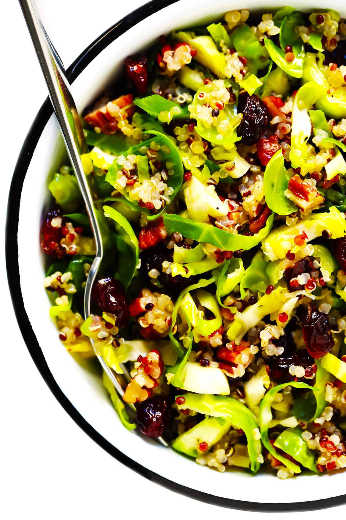 This Brussels Sprouts, Cranberry and Quinoa salad is easy to make, naturally gluten-free and vegan, tossed with a simple orange vinaigrette, and SO delicious! The perfect healthy side dish for holiday entertaining. | gimmesomeoven.com #salad #brussels #healthy #glutenfree #vegetarian #vegan #mealprep #makeahead #thanksgiving #christmas Brussels Sprouts, Cranberry and Quinoa Salad Recipe
