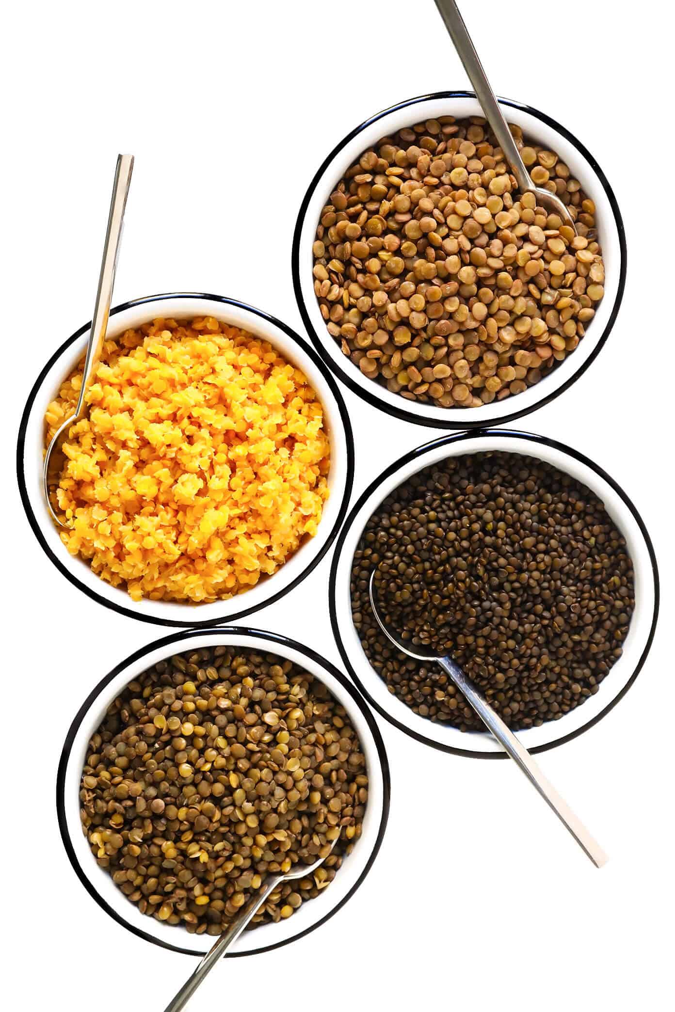 A complete tutorial for how to cook lentils (French, green, brown, black and red lentils). Plus tips for how to season and store lentils for meal prep, and lots of my favorite healthy lentil recipes! | gimmesomeoven.com #lentils #beans #healthy #glutenfree #vegetarian #vegan #mealprep #side #dinner How To Cook Lentils (Red, Black, Brown, Green, or French Lentils)