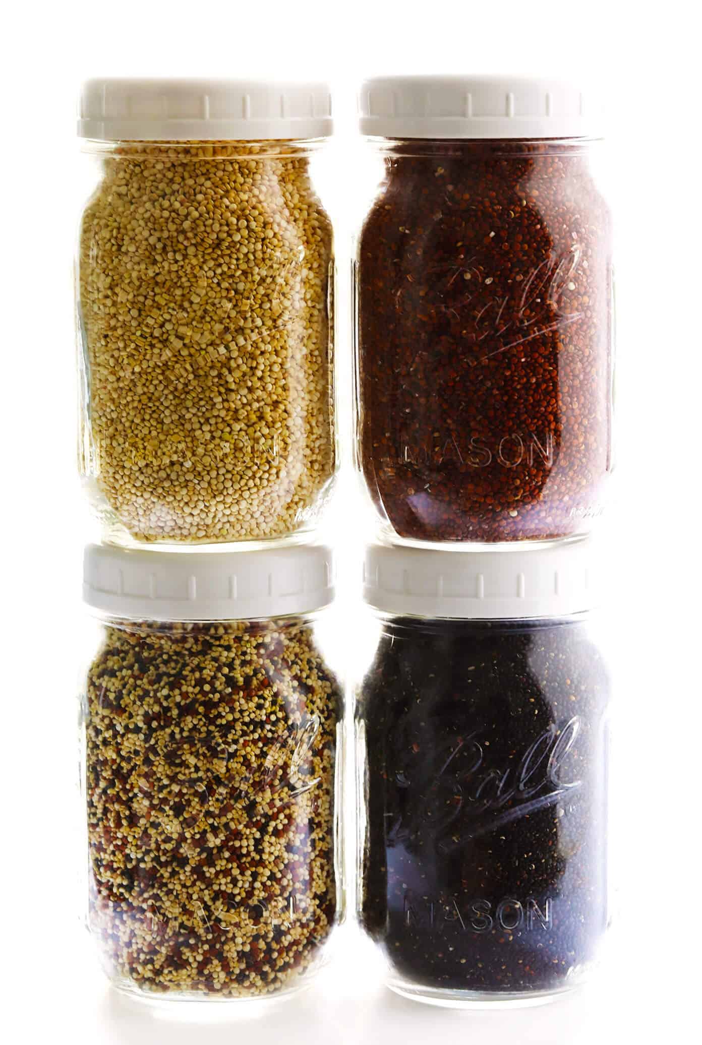 Learn how to cook quinoa PERFECTLY every time with this easy method! Plus tips for how to season and freeze quinoa, and a delicious collection of easy quinoa recipes. | gimmesomeoven.com #quinoa #healthy #glutenfree #howto #grains #mealprep #dinner #freezermeals Different Colors Of Quinoa -- White (Pearl), Red, Black and Tri-Color Quinoa
