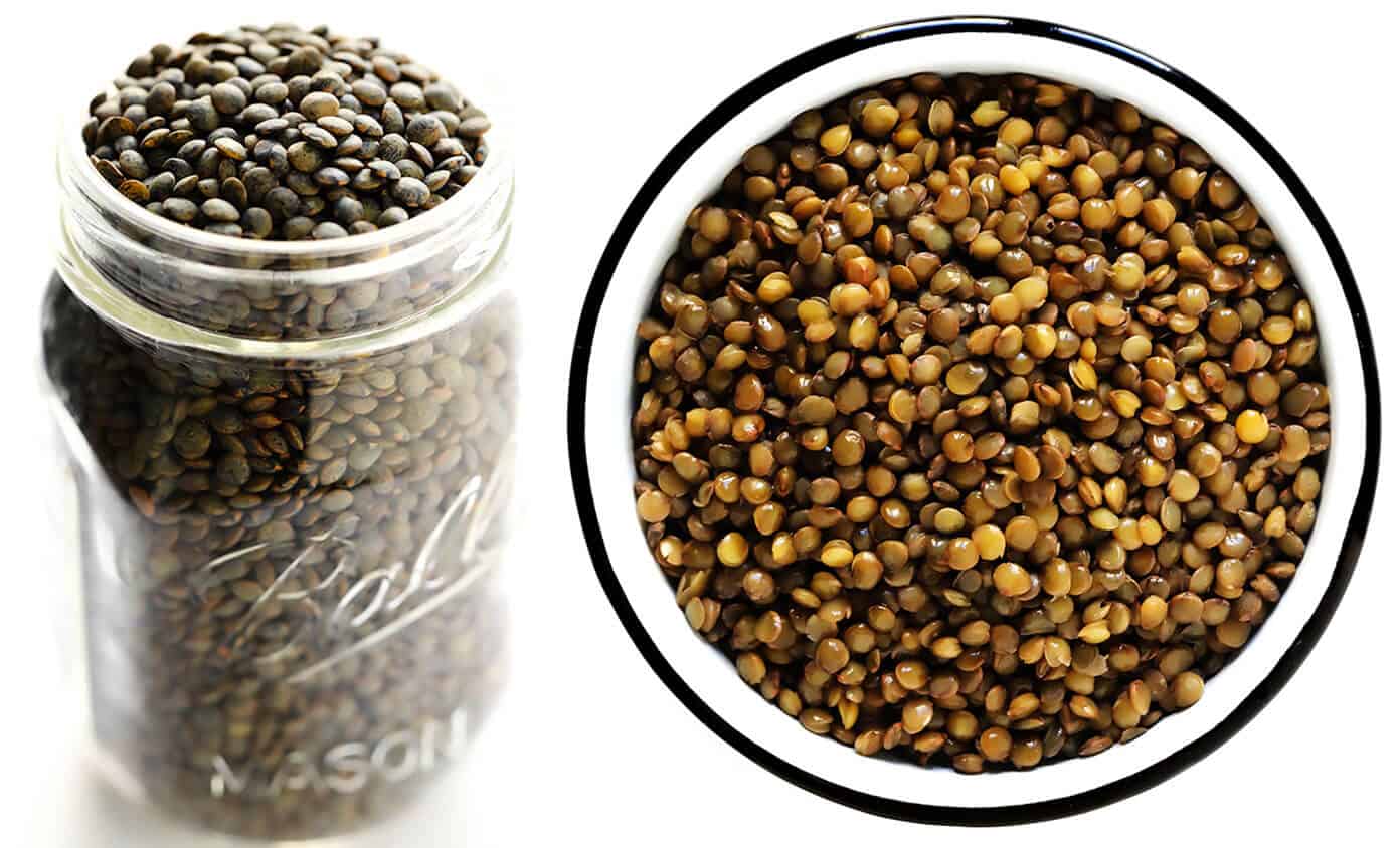 A complete tutorial for how to cook lentils (French, green, brown, black and red lentils). Plus tips for how to season and store lentils for meal prep, and lots of my favorite healthy lentil recipes! | gimmesomeoven.com #lentils #beans #healthy #glutenfree #vegetarian #vegan #mealprep #side #dinner How To Cook French Lentils (Lentils de Puy)