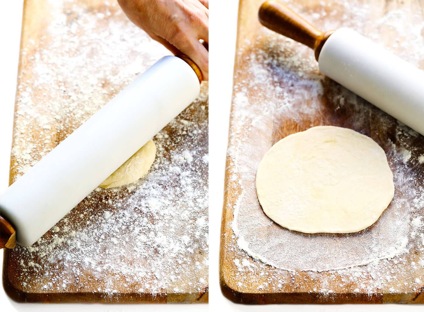 My favorite homemade flour tortillas are irresistibly soft, chewy, thick, and flavorful -- and easy to make with just 5 ingredients (no lard)! Perfect for tacos, burritos, enchiladas, quesadillas, and naturally vegan too! | gimmesomeoven.com #flour #tortillas #mexican #texmex #easy #tacos #enchiladas #burrito #homemade #diy #mealprep How To Roll Tortillas (without a Tortilla Press)