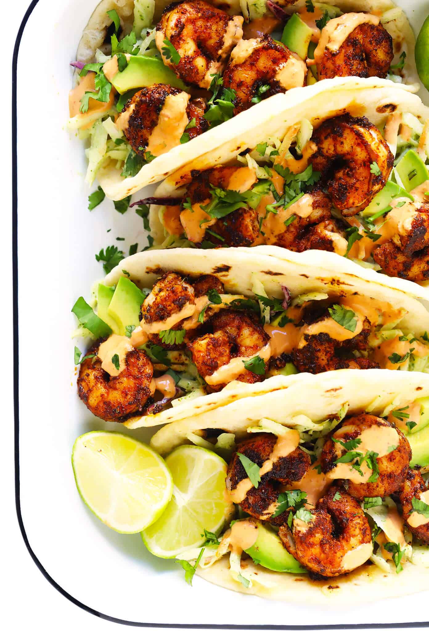My favorite homemade flour tortillas are irresistibly soft, chewy, thick, and flavorful -- and easy to make with just 5 ingredients (no lard)! Perfect for tacos, burritos, enchiladas, quesadillas, and naturally vegan too! | gimmesomeoven.com #flour #tortillas #mexican #texmex #easy #tacos #enchiladas #burrito #homemade #diy #mealprep My Favorite Shrimp Tacos (made with Homemade Flour Tortillas!)