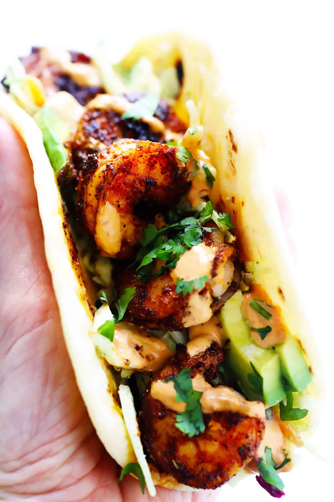 The BEST shrimp tacos recipe! Made with zesty shrimp, cilantro lime coleslaw, sliced avocado and spicy chipotle crema. Kick them up a notch with homemade flour tortillas too, if you'd like! | gimmesomeoven.com #shrimp #tacos #dinner #mexican #seafood #avocado #slaw #sauce Shrimp Avocado Tacos with Cilantro Lime Slaw and Chipotle Crema