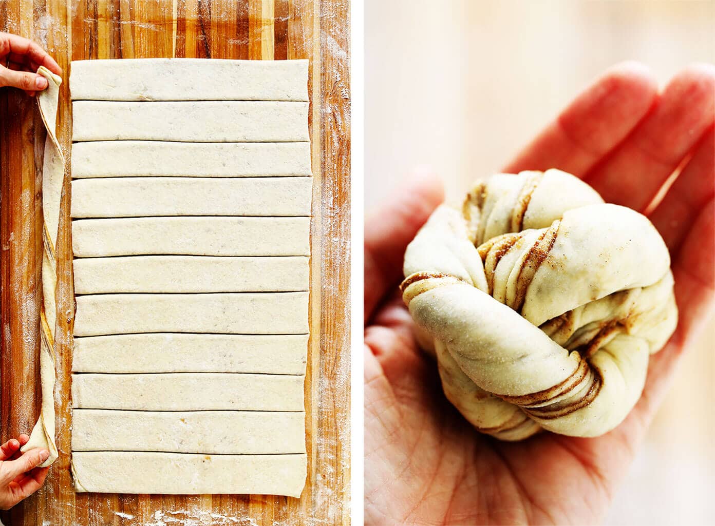 This traditional Swedish kanelbullar (cinnamon buns) recipe is made with a perfectly soft and chewy cardamom dough, a buttery cinnamon-sugar filling, and twisted into cute little knots. Top these rolls with crunchy sweet pearl sugar or any type of sugar that you have on hand! | gimmesomeoven.com #swedish #cinnamon #buns #rolls #breakfast #brunch #sweet #vegetarian #vegan How To Twist and Roll Swedish Cinnamon Buns