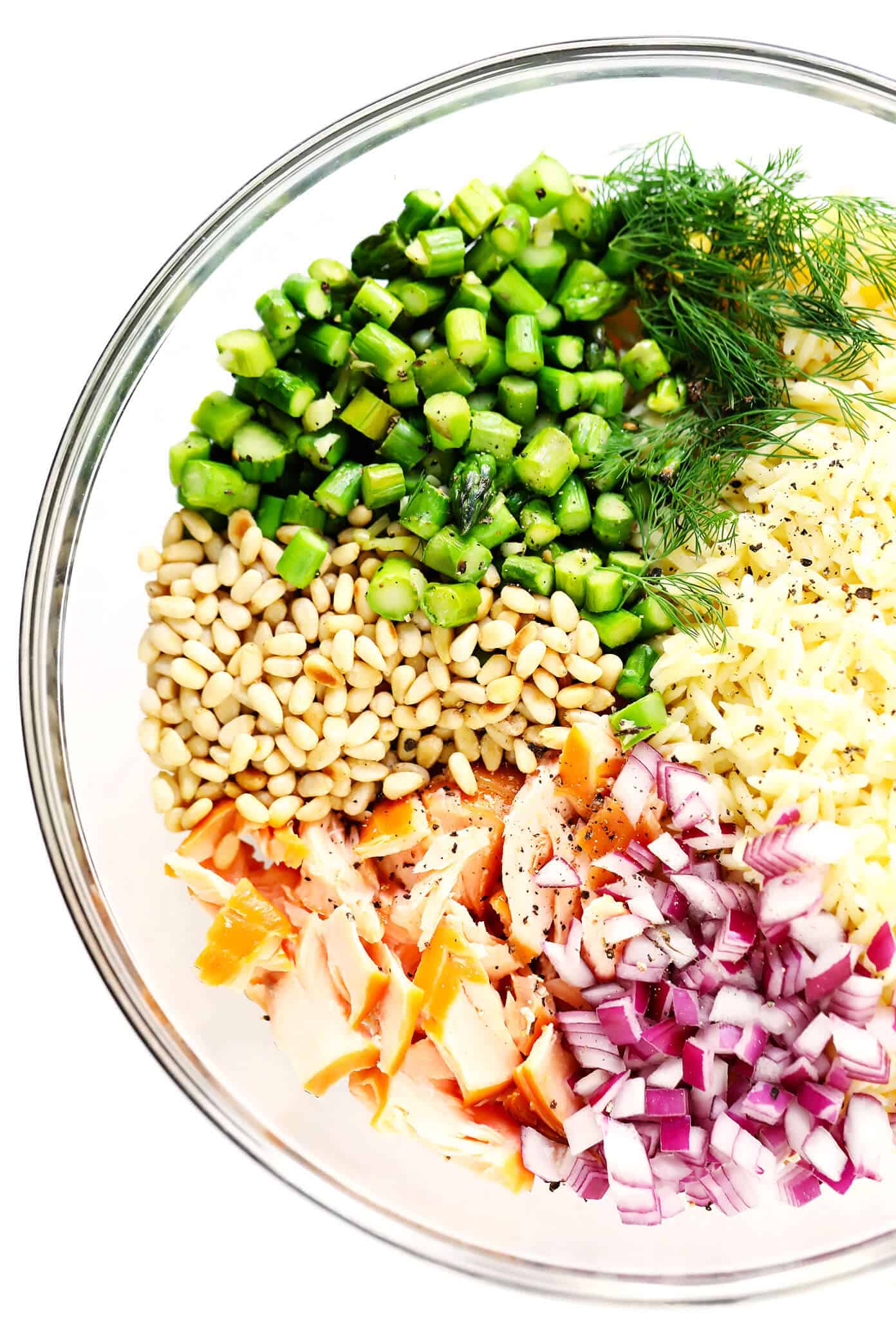This Salmon Asparagus Orzo Salad recipe is easy to make with smoked (or baked) salmon, sautéed asparagus, red onions, fresh dill, grated Parmesan and a quick lemon dressing. It's the perfect make-ahead recipe for lunch or dinner, and SO delicious! | gimmesomeoven.com #orzo #pasta #salad #salmon #fish #italian #healthy #makeahead #mealprep Salmon Pasta Salad Ingredients (Asparagus, Smoked Salmon, Red Onion, Pine Nuts, Orzo, Dill)