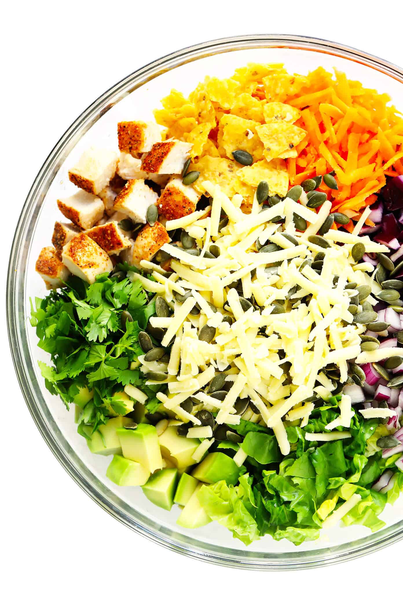 This chipotle cheddar chopped salad recipe is full of the most delicious mix of crunchy greens, sharp cheddar cheese, zesty chicken, fresh cilantro, creamy avocado, and a creamy chipotle honey lime dressing. | gimmesomeoven.com #salad #chipotle #healthy #chicken #avocado #glutenfree #dinner #mexican #texmex Bowl of Ingredients for Chipotle Chopped Salad -- Chicken, Tortilla Chips, Carrots, Cabbage, Red Onion, Romaine Lettuce, Cilantro, Baked Chicken, Cheddar Cheese and Pepitas