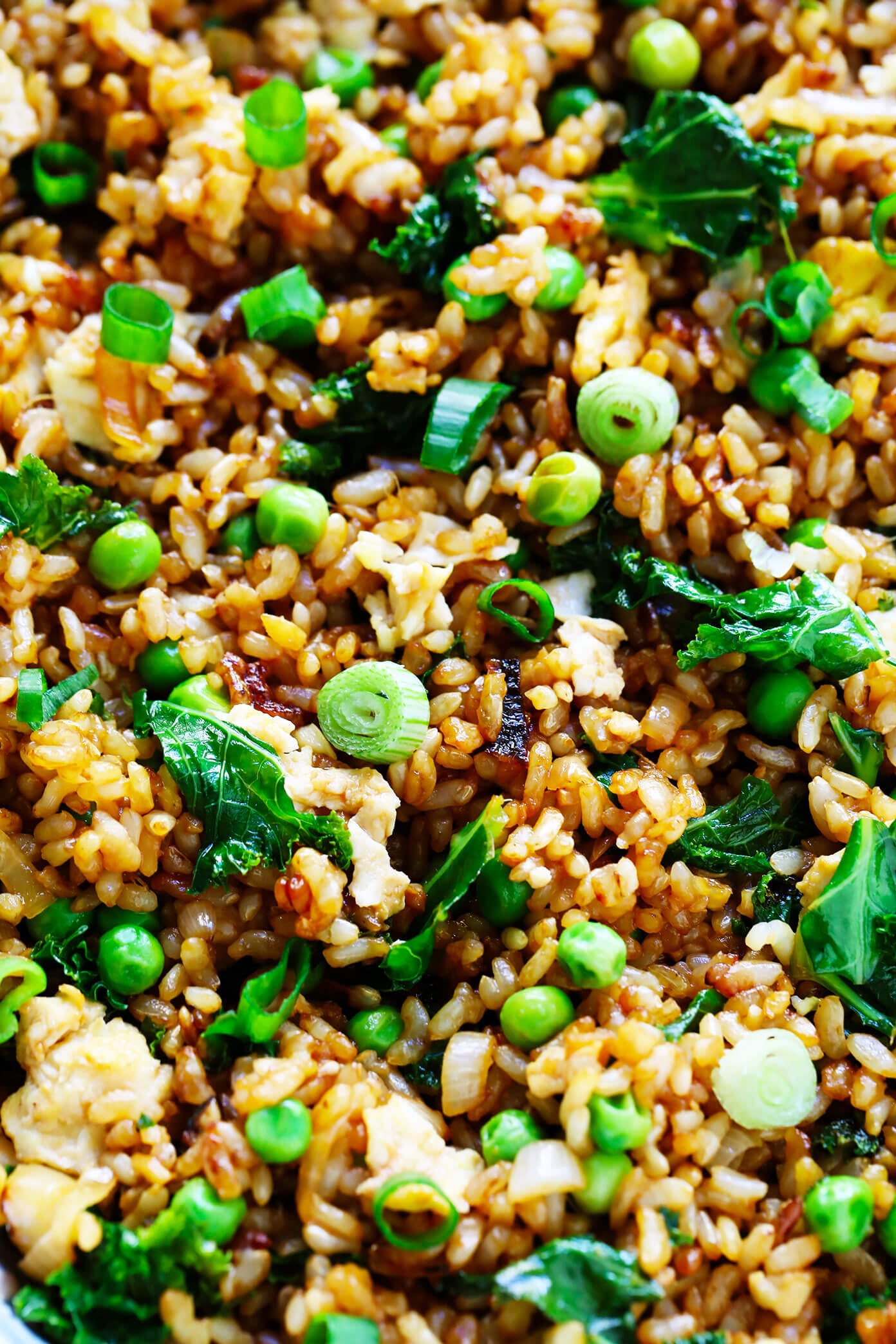This ginger kale fried rice recipe is quick and easy to make, full of great garlicky ginger flavor, and pan-fried until the rice is extra-crispy! Feel free to add in extra protein (chicken, shrimp, tofu, etc) or extra veggies if you would like. | gimmesomeoven.com #rice #friedrice #dinner #healthy #vegetarian #glutenfree #vegan Ginger Kale Fried Rice Closeup