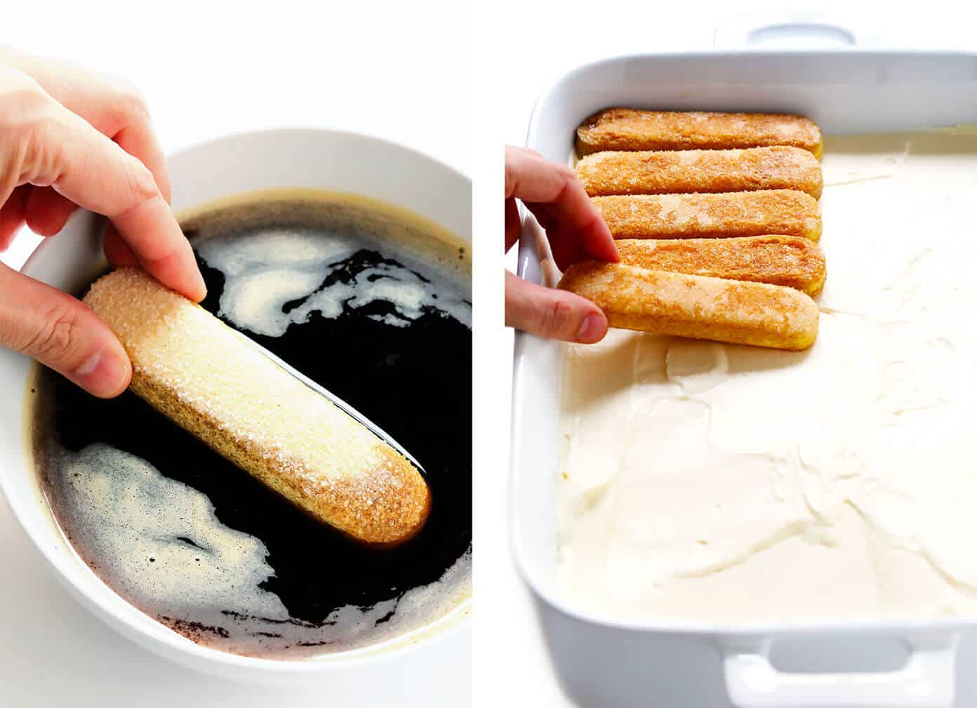 This tiramisu recipe is easy to whip up, this version is made with cooked (instead of raw) eggs, and it tastes just as indulgent and delicious as ever. The perfect make-ahead dessert for Italian night! | gimmesomeoven.com #tiramisu #italian #dessert #mascarpone #nobake #chocolate #vegetarian Dipping ladyfingers in espresso to make tiramisu
