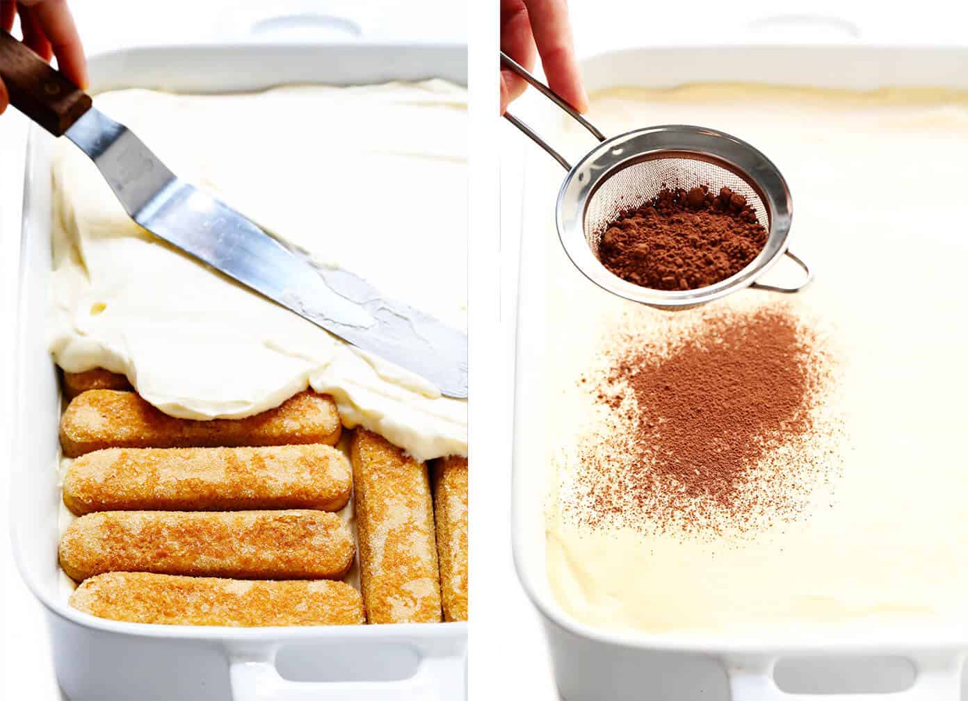 This tiramisu recipe is easy to whip up, this version is made with cooked (instead of raw) eggs, and it tastes just as indulgent and delicious as ever. The perfect make-ahead dessert for Italian night! | gimmesomeoven.com #tiramisu #italian #dessert #mascarpone #nobake #chocolate #vegetarian Spreading mascarpone filling on top of ladyfingers and dusting the tiramisu with cocoa powder