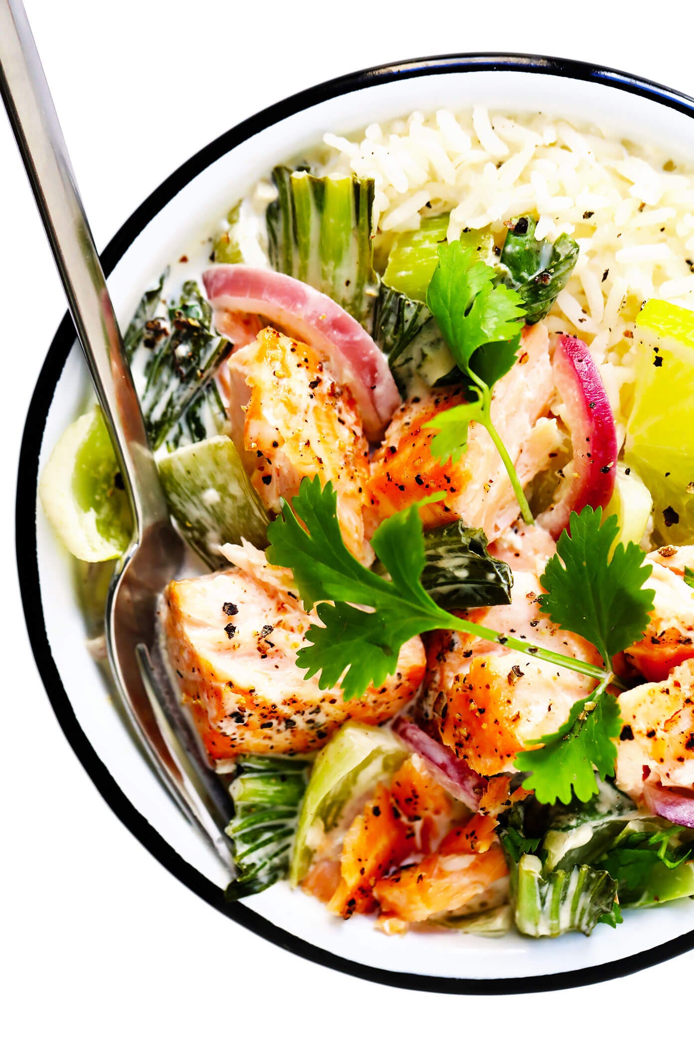 This quick and easy Green Curry Salmon recipe is made with tender salmon, fresh baby bok choy, and the most delicious Thai-inspired lime coconut green curry sauce. Ready to go in less than 30 minutes! | gimmesomeoven.com #salmon #curry #sauce #coconut #glutenfree #dinner #healthy #glutenfree Green Curry Salmon over Rice