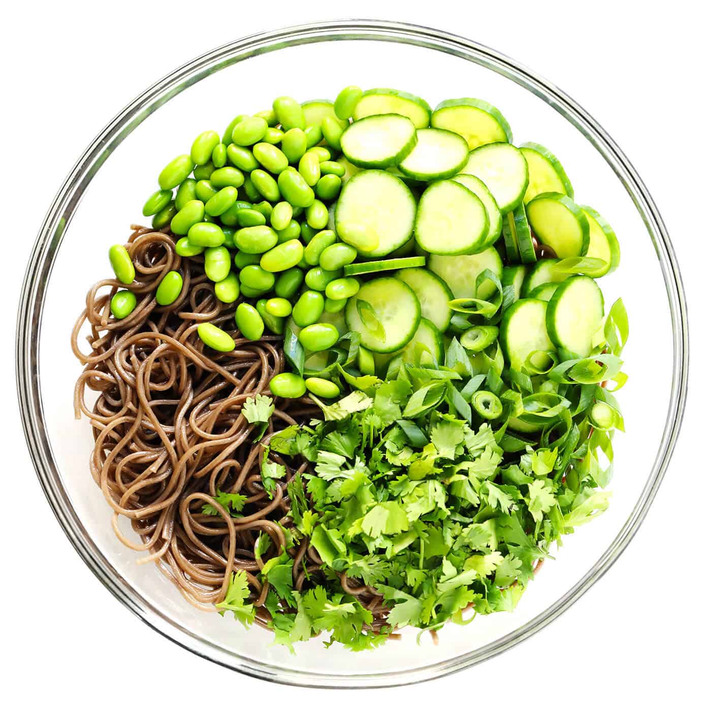 These chilled peanut soba noodles are tossed with cucumber, edamame, fresh herbs and an irresistible peanut sauce...and ready to go in just 20 minutes! Feel free to add extra veggies or a protein (salmon, shrimp, chicken, etc) if you would like. | gimmesomeoven.com #soba #noodles #pasta #salad #healthy #mealprep #glutenfree #vegetarian #vegan #dinner Soba noodles, edamame, cilantro, scallions and cucumber
