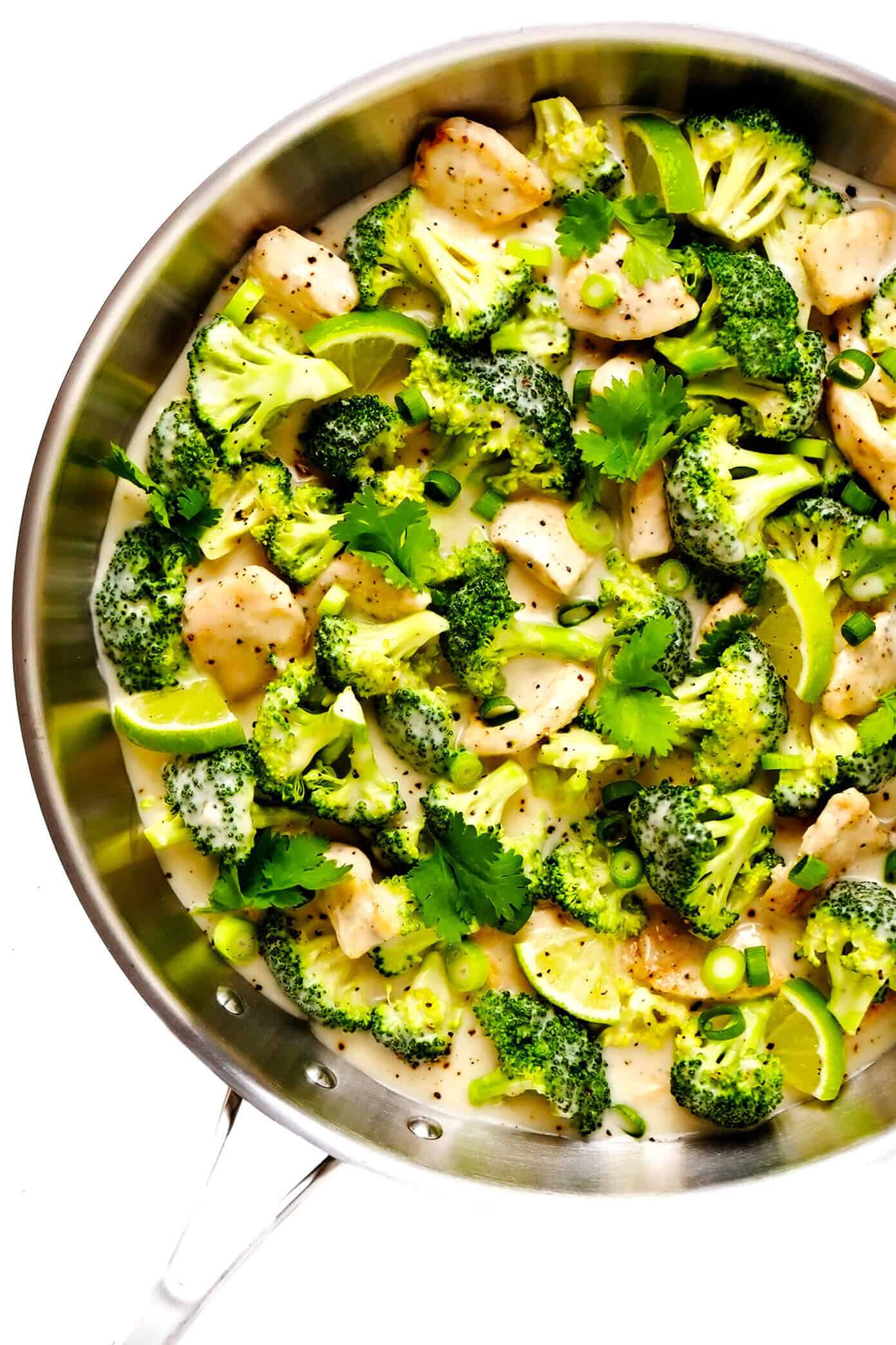 This Coconut Lime Chicken and Broccoli stir-fry recipe is easy to make in 30 minutes and simmered in a tangy coconut sauce seasoned with ginger, lemongrass and garlic. Serve over rice or noodles for a quick dinner and enjoy! | gimmesomeoven.com #chicken #broccoli #thai #coconut #lime #sauce #dinner #healthy #stirfry #rice #noodles #glutenfree Chicken and Broccoli with Coconut Lime Sauce in Saute Pan