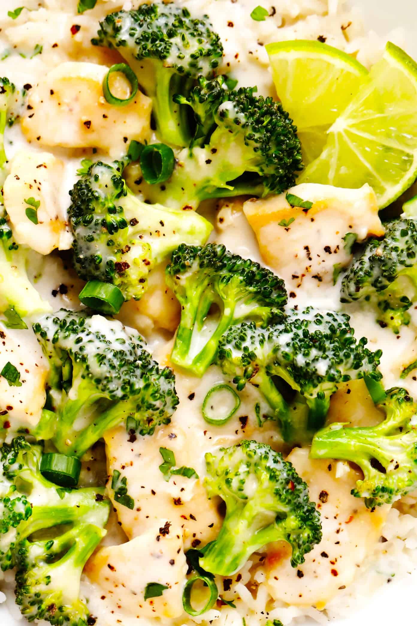 This Coconut Lime Chicken and Broccoli stir-fry recipe is easy to make in 30 minutes and simmered in a tangy coconut sauce seasoned with ginger, lemongrass and garlic. Serve over rice or noodles for a quick dinner and enjoy! | gimmesomeoven.com #chicken #broccoli #thai #coconut #lime #sauce #dinner #healthy #stirfry #rice #noodles #glutenfree Coconut Lime Chicken and Broccoli Rice Closeup