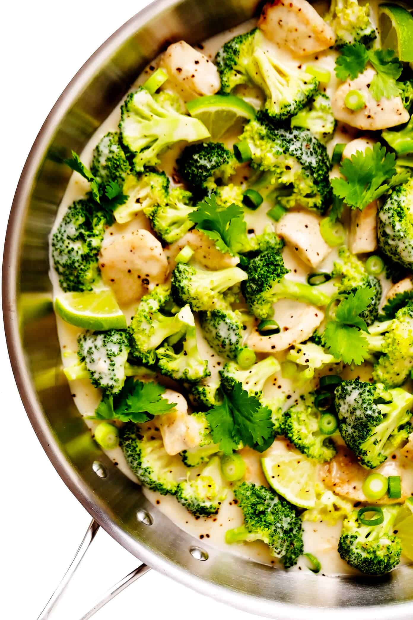 This Coconut Lime Chicken and Broccoli stir-fry recipe is easy to make in 30 minutes and simmered in a tangy coconut sauce seasoned with ginger, lemongrass and garlic. Serve over rice or noodles for a quick dinner and enjoy! | gimmesomeoven.com #chicken #broccoli #thai #coconut #lime #sauce #dinner #healthy #stirfry #rice #noodles #glutenfree Coconut Lime Chicken and Broccoli Recipe