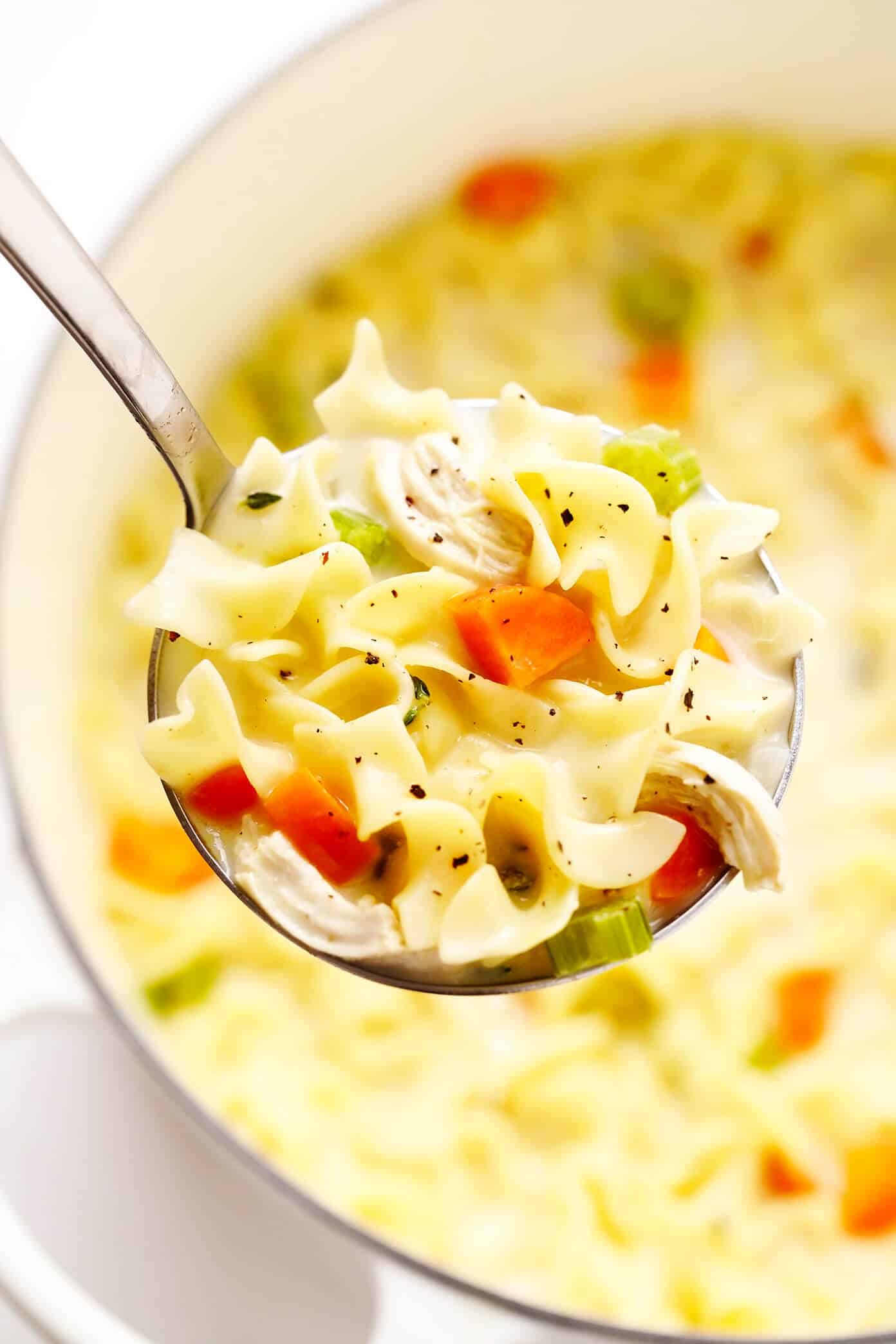 This creamy lemon chicken noodle soup is made with all of the classic ingredients we all love and a cozy creamy broth that's brightened up with lots of fresh lemon juice and thyme. So comforting and delicious! | gimmesomeoven.com #chicken #noodle #soup #creamy #lemon #dinner #winter #onepot #healthy Ladle full of Creamy Chicken Noodle Soup