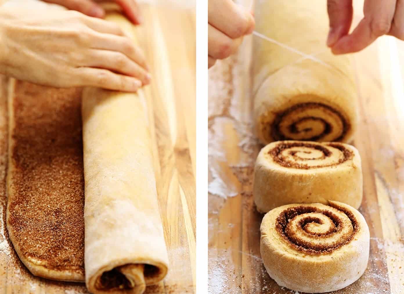 These pumpkin cinnamon rolls are perfectly delicious, soft, chewy and topped with a heavenly maple cream cheese frosting. Easy to make and ready to go in just around 1 hour! | gimmesomeoven.com #pumpkin #cinnamon #rolls #buns #breakfast #brunch #pumpkinspice #fall Rolling And Cutting Pumpkin Cinnamon Rolls