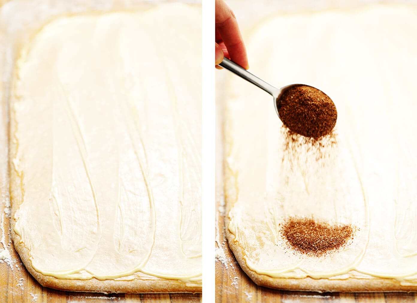 These pumpkin cinnamon rolls are perfectly delicious, soft, chewy and topped with a heavenly maple cream cheese frosting. Easy to make and ready to go in just around 1 hour! | gimmesomeoven.com #pumpkin #cinnamon #rolls #buns #breakfast #brunch #pumpkinspice #fall Spreading the Butter Filling on Pumpkin Cinnamon Rolls