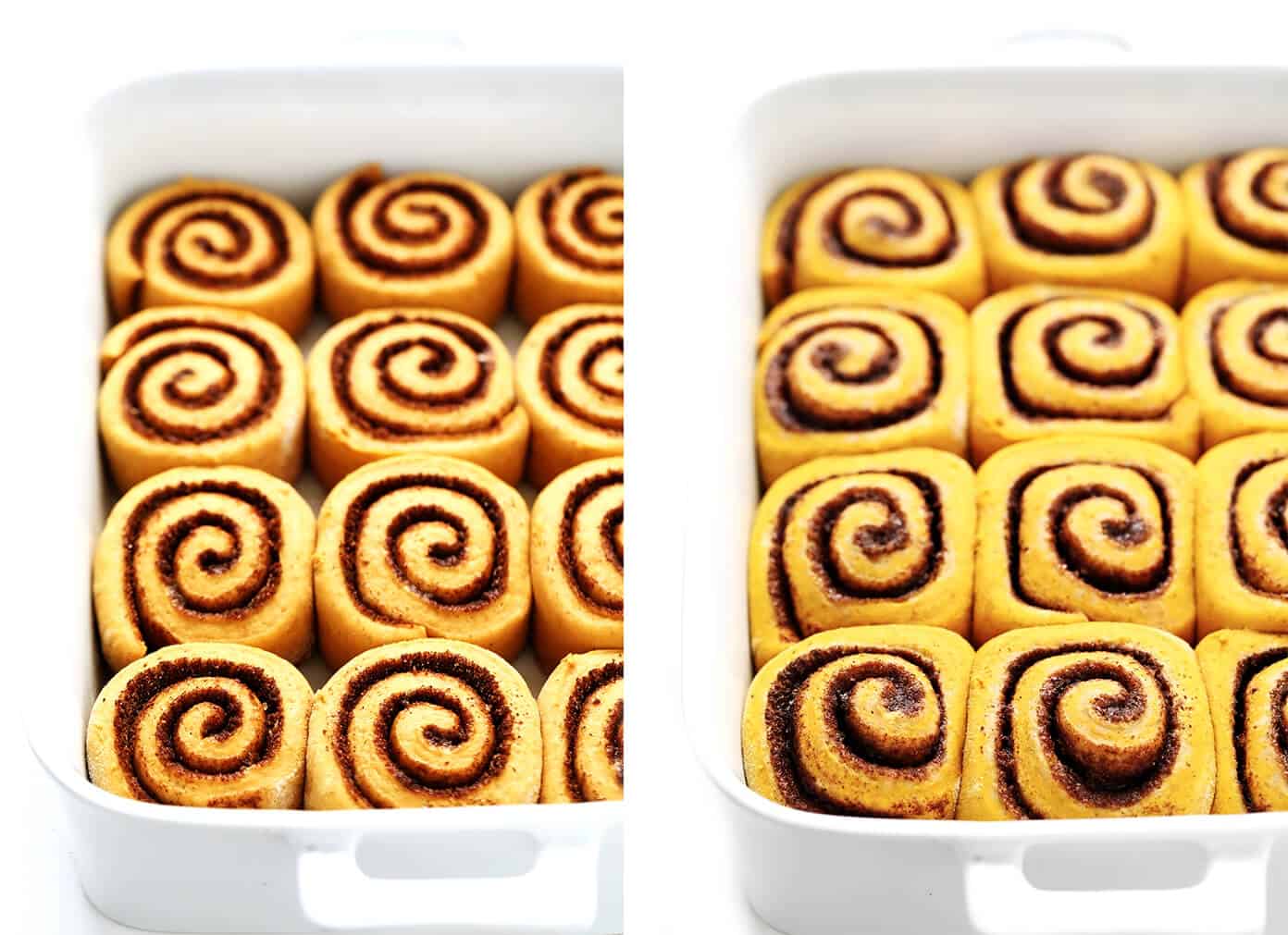 These pumpkin cinnamon rolls are perfectly delicious, soft, chewy and topped with a heavenly maple cream cheese frosting. Easy to make and ready to go in just around 1 hour! | gimmesomeoven.com #pumpkin #cinnamon #rolls #buns #breakfast #brunch #pumpkinspice #fall Pumpkin Cinnamon Roll Dough Before and After Baking