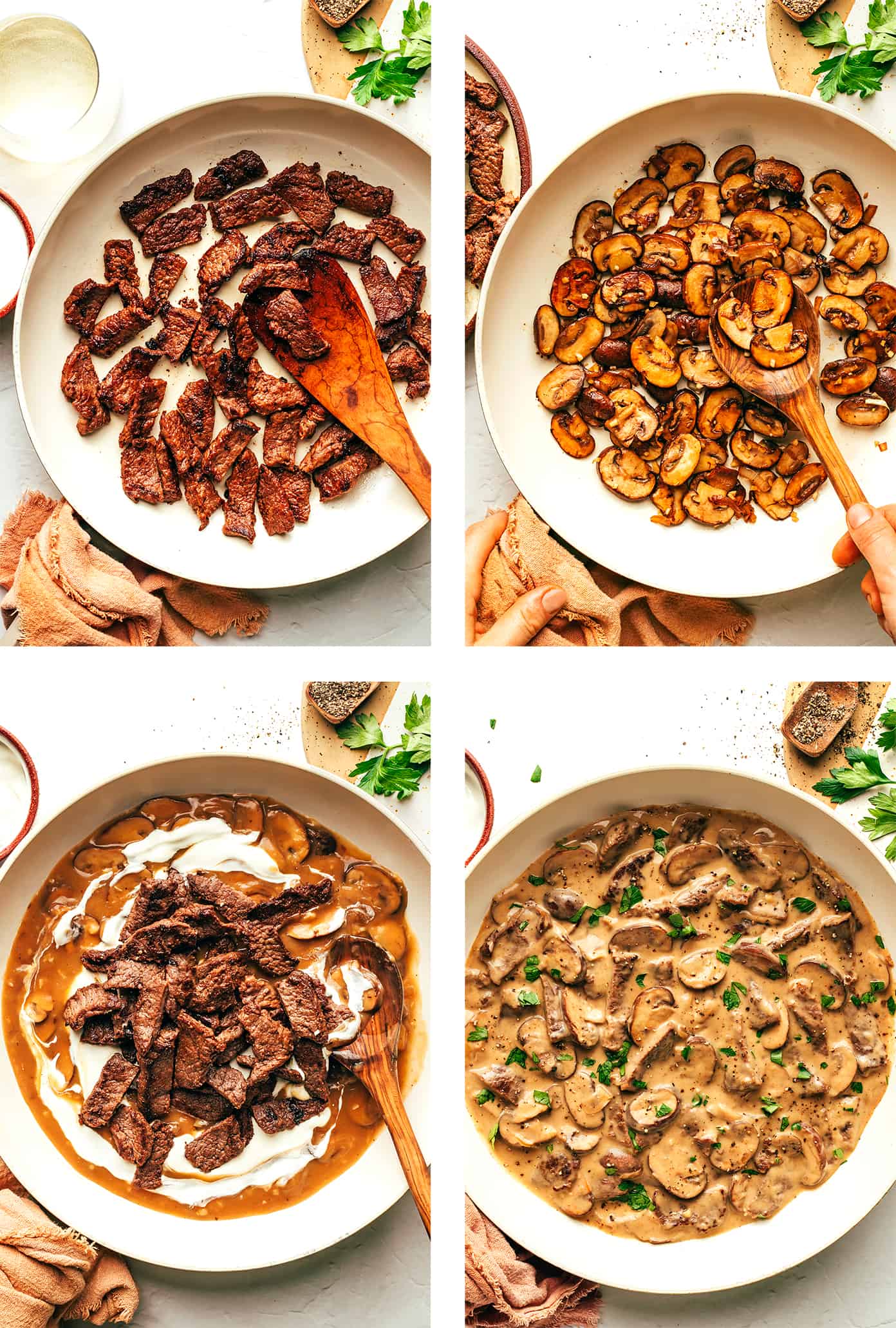 This easy beef stroganoff recipe is made with the most delicious garlicky creamy mushroom sauce and can be ready to go in just 30 minutes. Serve for dinner over noodles, rice, or polenta and enjoy! | gimmesomeoven.com Step by step photos of how to make Beef Stroganoff