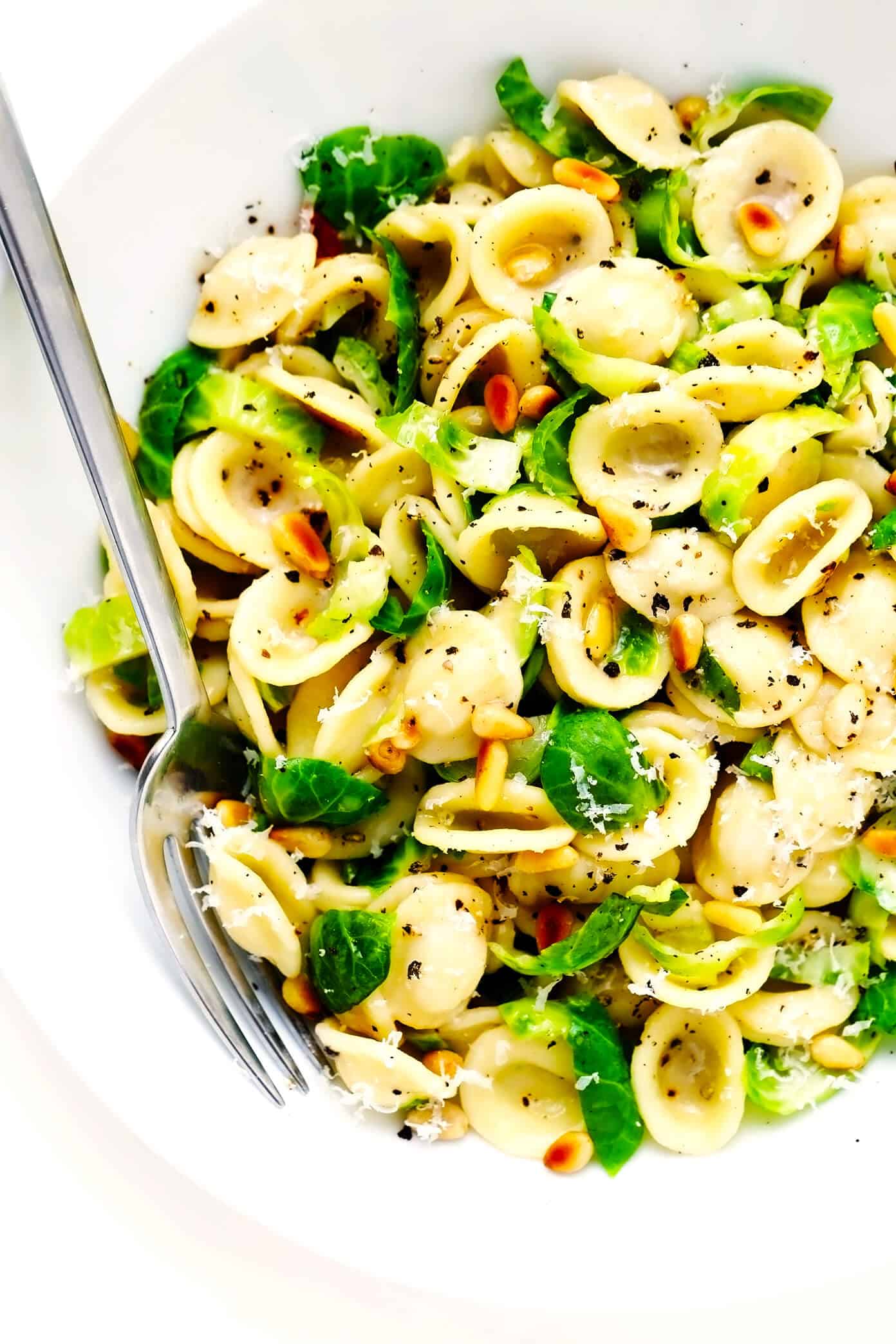 This 30-Minute Brussels Sprouts Parmesan Pasta is made with garlicky shredded Brussels sprouts, toasted pine nuts, and a silky cacio e pepe style cheese and black pepper sauce. It's the perfect easy dinner recipe for fall and winter, and tastes SO delicious. | gimmesomeoven.com #pasta #brussels #vegetarian #italian #cacioepepe #parmesan #sauce #dinner Brussels Sprouts Parmesan Pasta