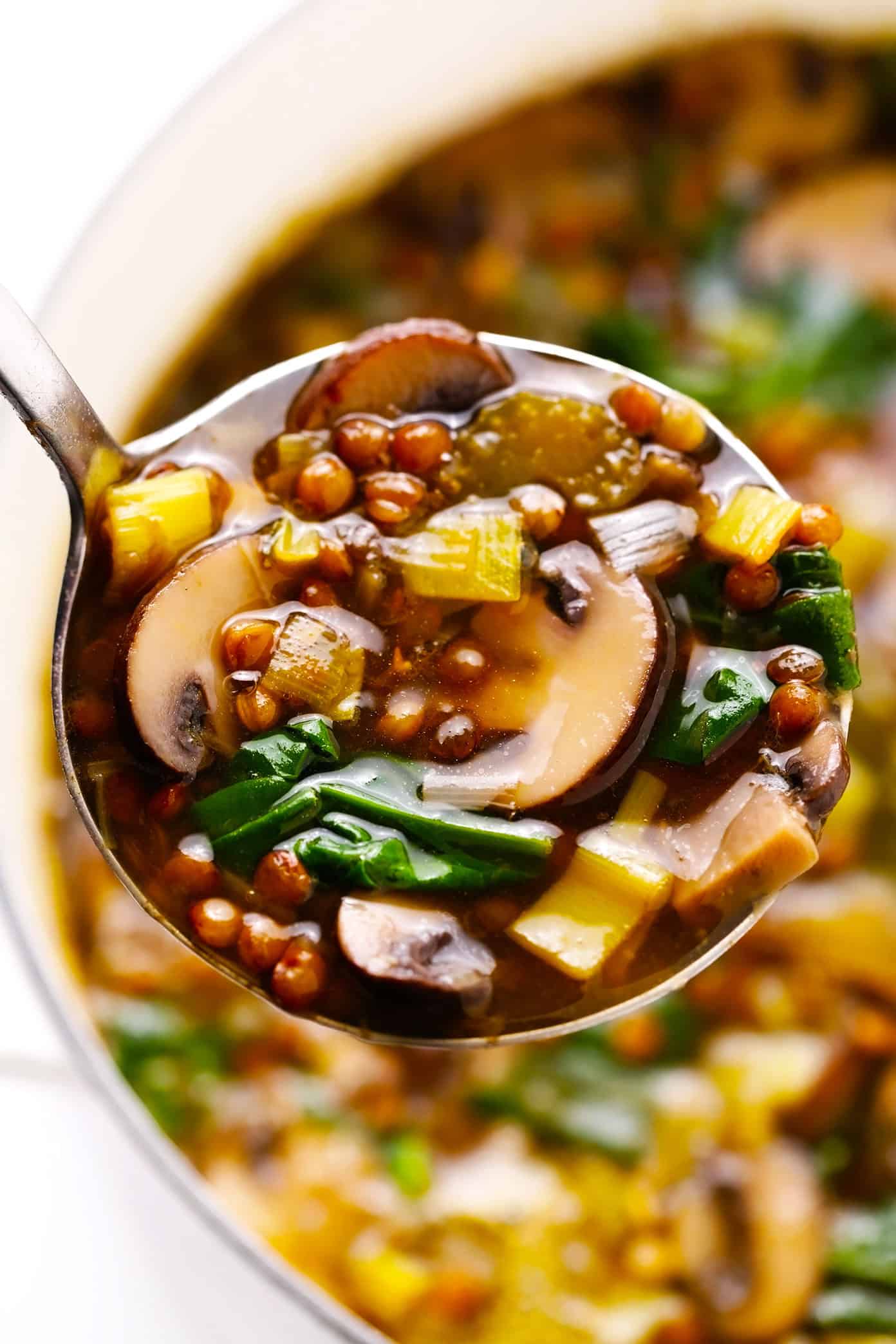 This simple French Lentil and Mushroom Soup recipe is simmered with the most delicious blend of veggies, herbs and greens. It's healthy yet hearty, naturally vegan and gluten-free, and total comfort food. | gimmesomeoven.com #french #soup #stew #lentil #mushroom #healthy #dinner #glutenfree #vegetarian #vegan French Lentil Soup with Mushrooms and Spinach in Ladle