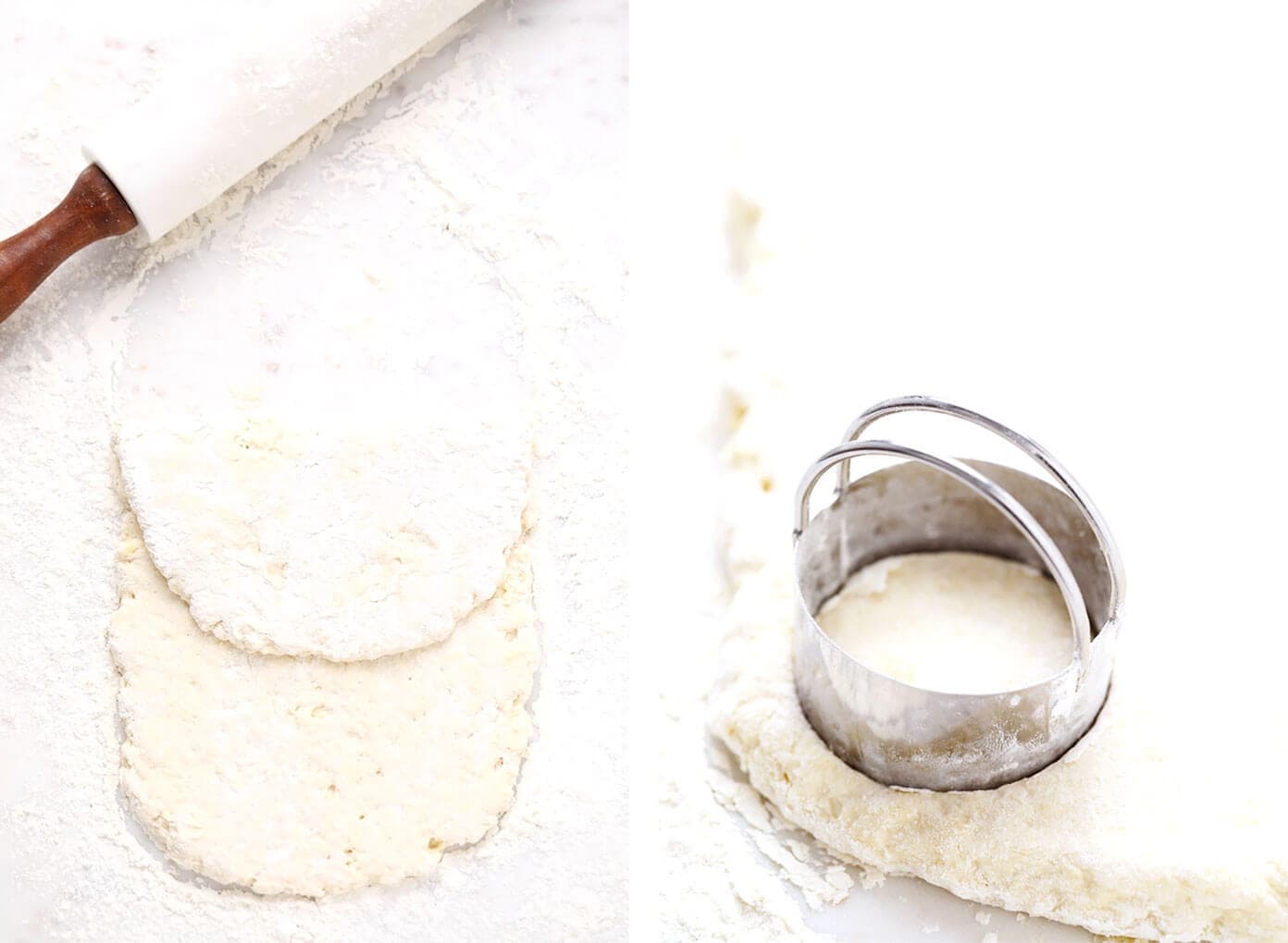 My favorite homemade buttermilk biscuit recipe -- easy to make, perfectly soft and tall and flaky, and always SO buttery and delicious. Serve them for breakfast with jam or gravy, as a side dish for lunch or dinner, or as a topping for chicken pot pie or your favorite casserole! | gimmesomeoven.com #biscuit #roll #bread #recipe #buttermilk #breakfast #brunch #side #vegetarian #baking Rolling out biscuit dough and cutting with a biscuit cutter